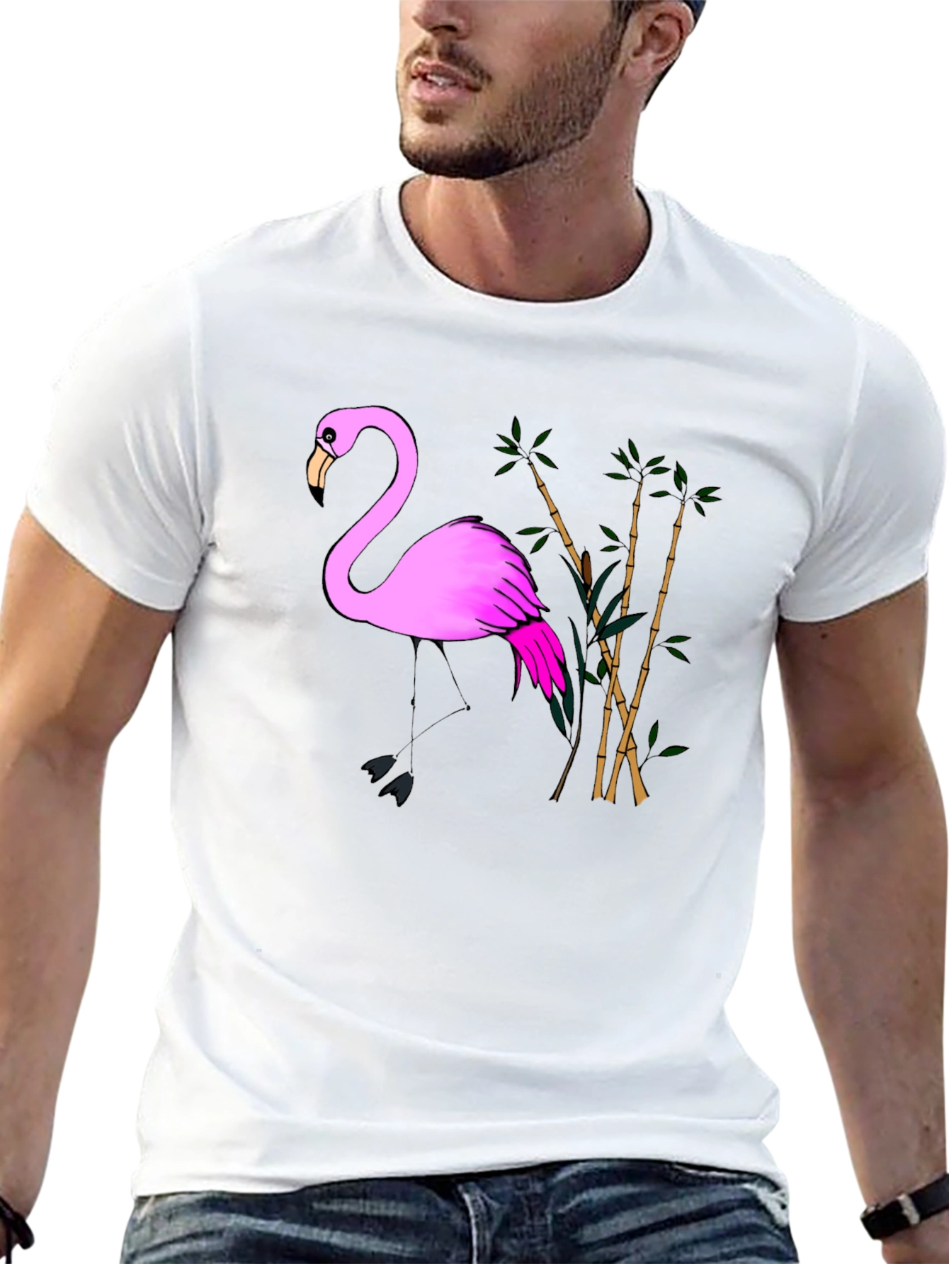 Pink Flamingo & Bamboo Black T-Shirt