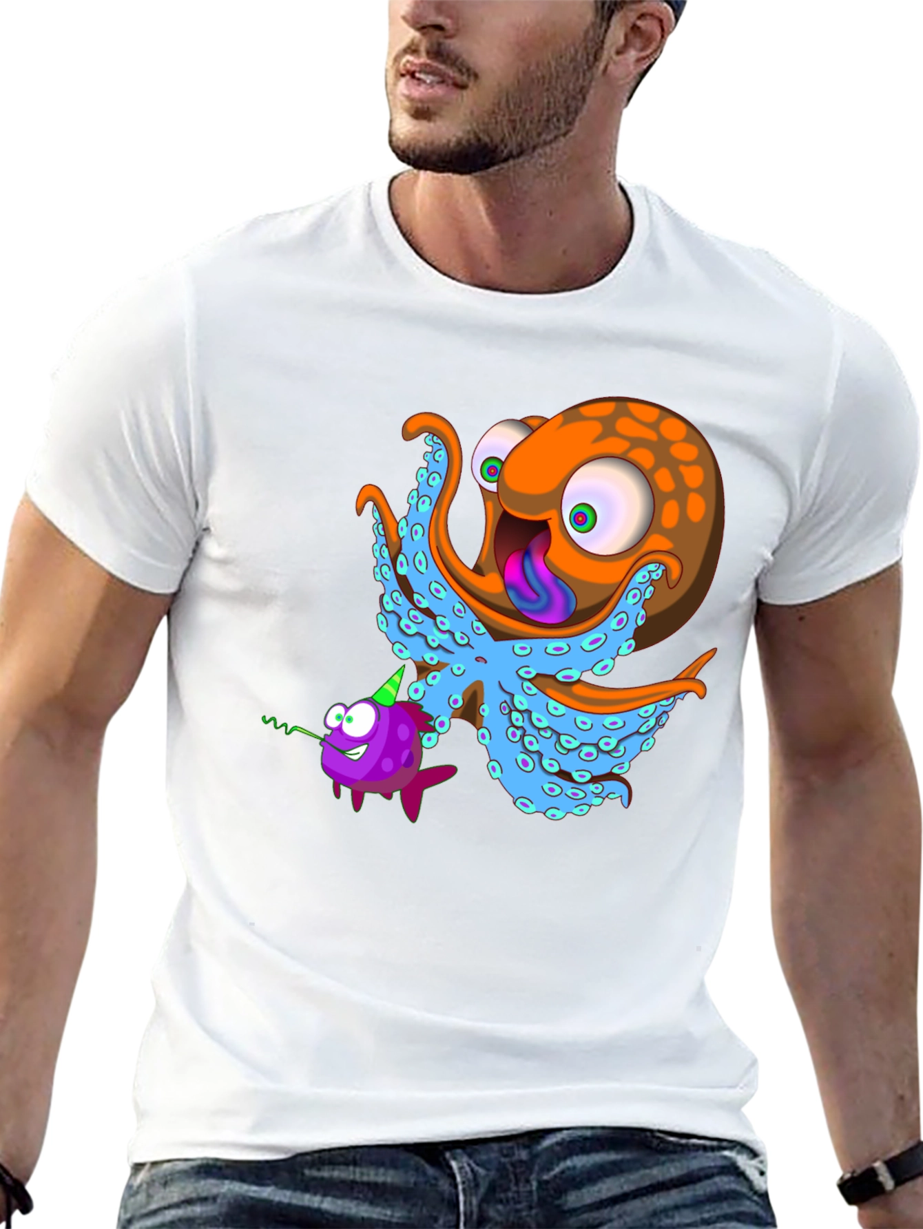 Octopus & Fish Graphic Tee - Unique Cartoon Design