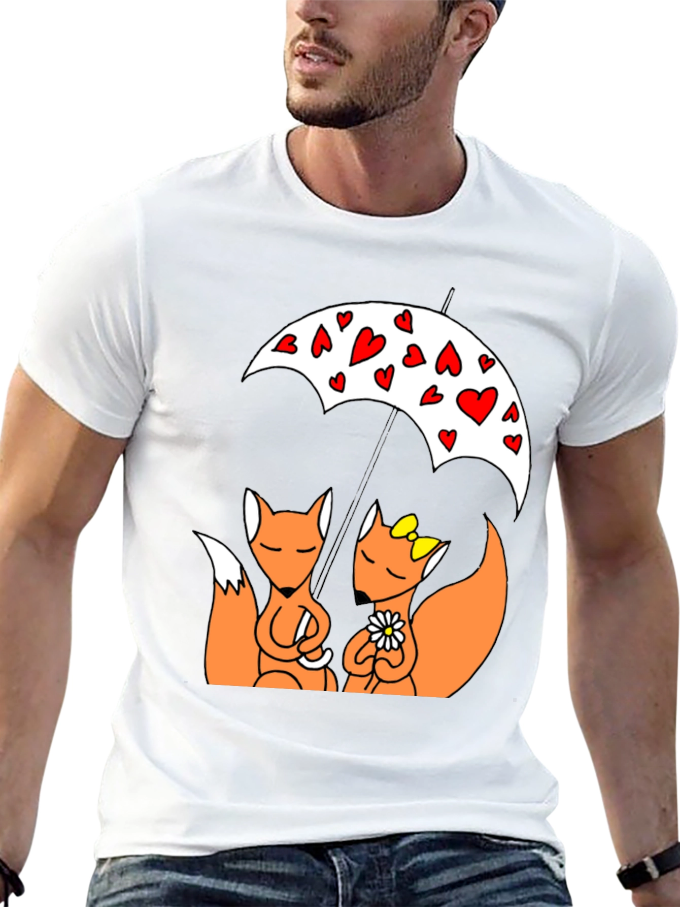 Cute Foxes Under Heart Umbrella Black T-Shirt