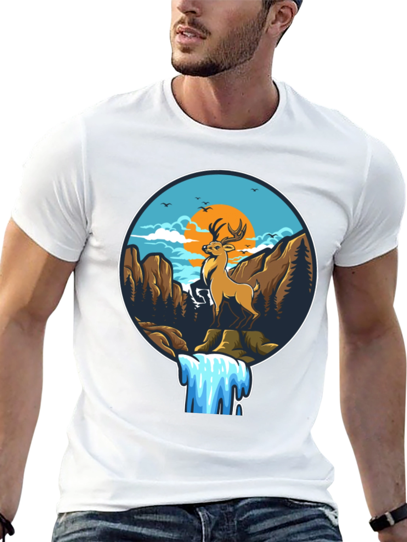 Deer & Waterfall Graphic Tee - Nature Adventure Design