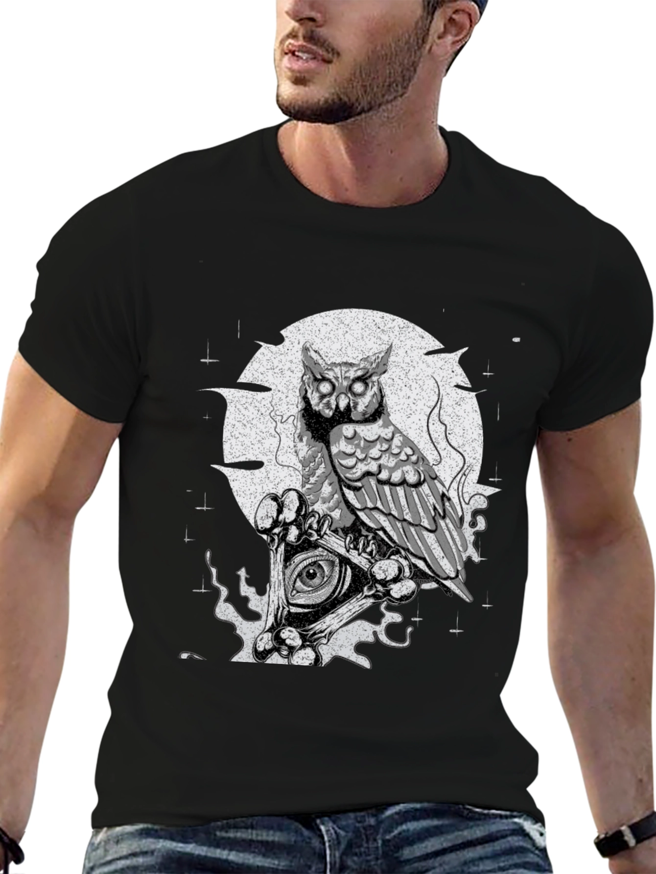 Owl & All-Seeing Eye Graphic Print Black T-Shirt