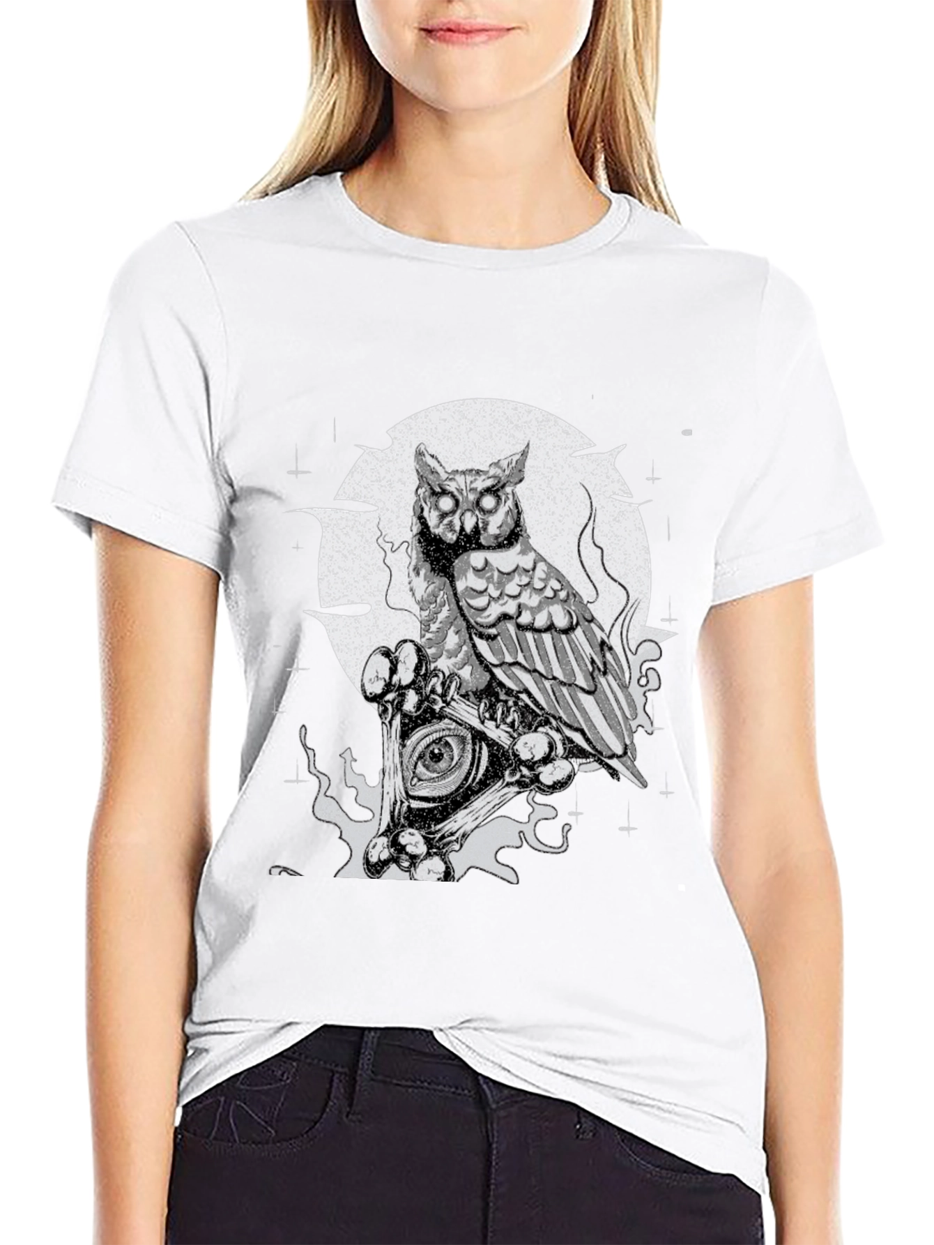 Owl & All-Seeing Eye Graphic Print Black T-Shirt