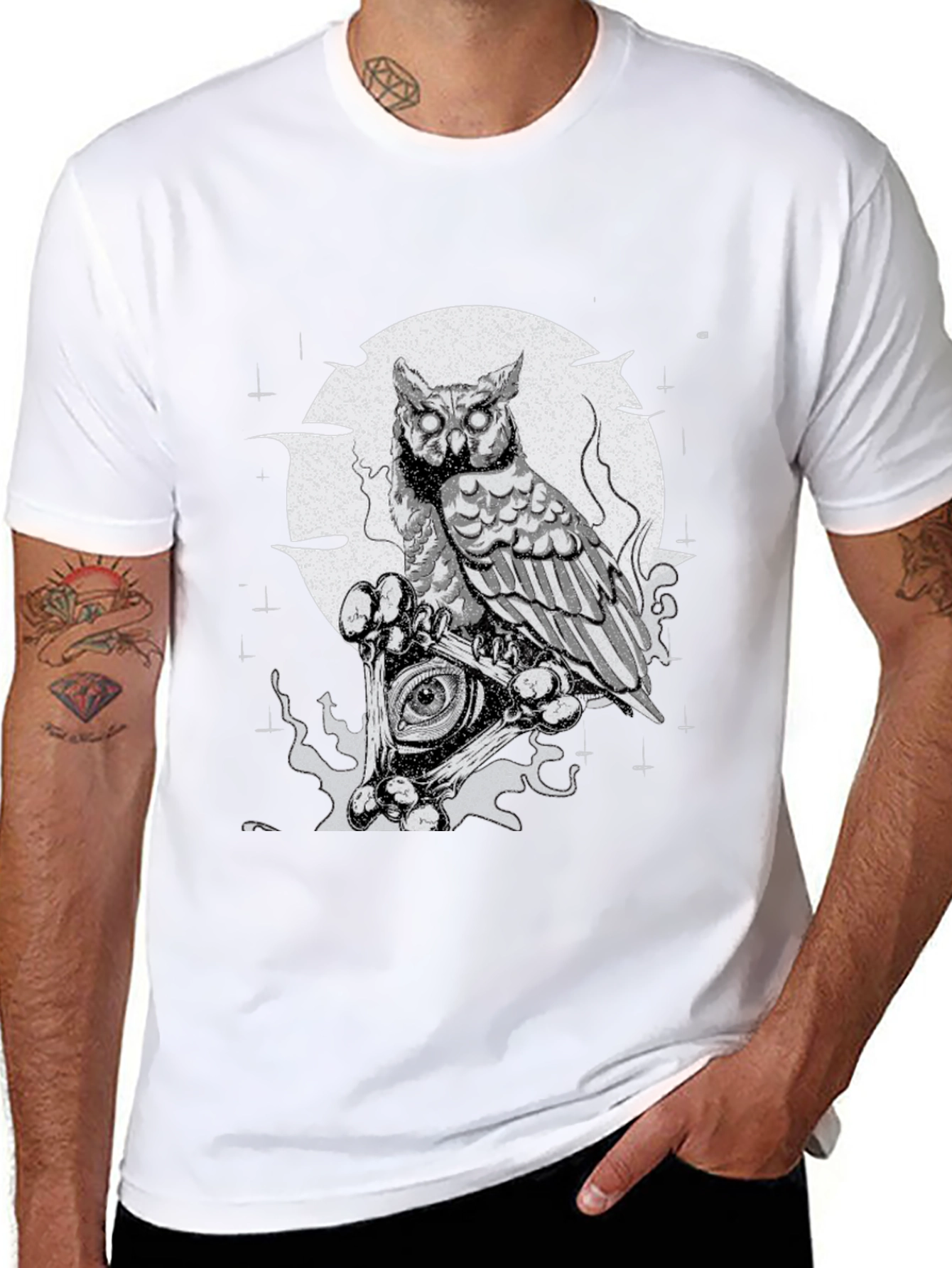 Owl & All-Seeing Eye Graphic Print Black T-Shirt