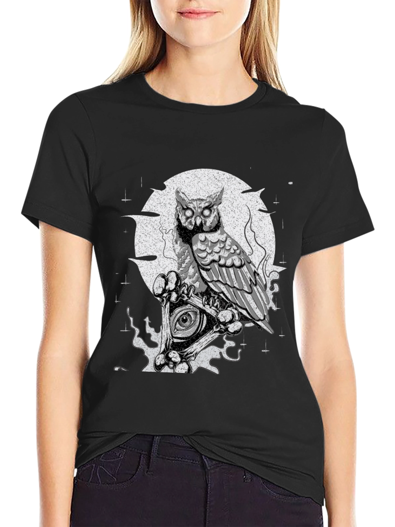 Owl & All-Seeing Eye Graphic Print Black T-Shirt
