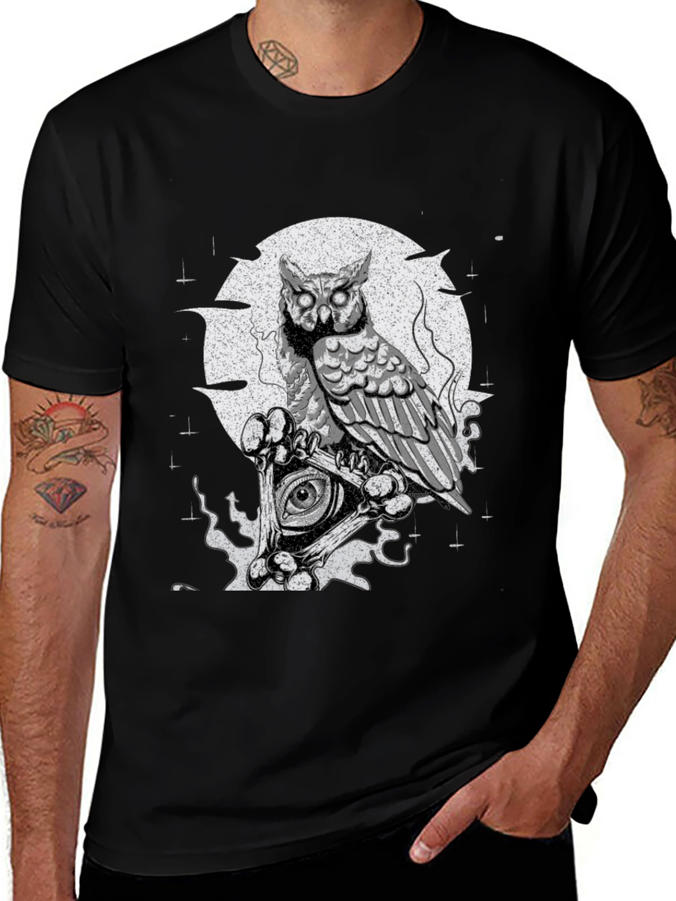 Owl & All-Seeing Eye Graphic Print Black T-Shirt
