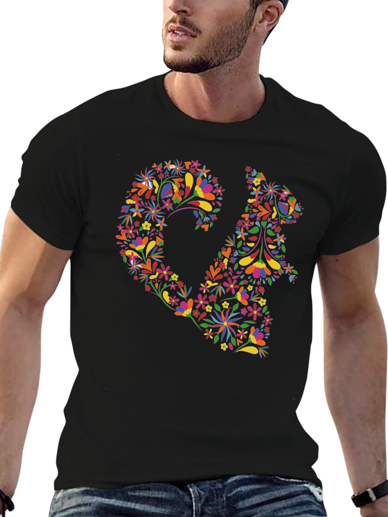 Floral Squirrel Print Black T-Shirt