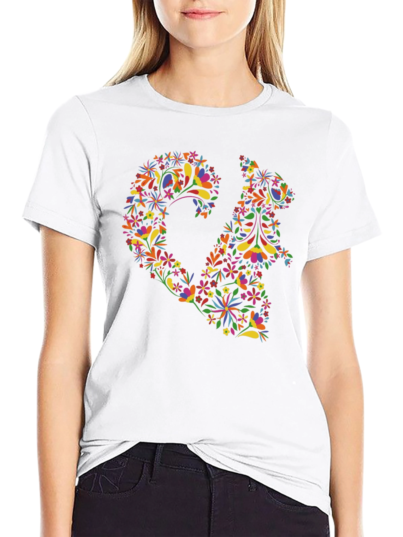Floral Squirrel Print Black T-Shirt