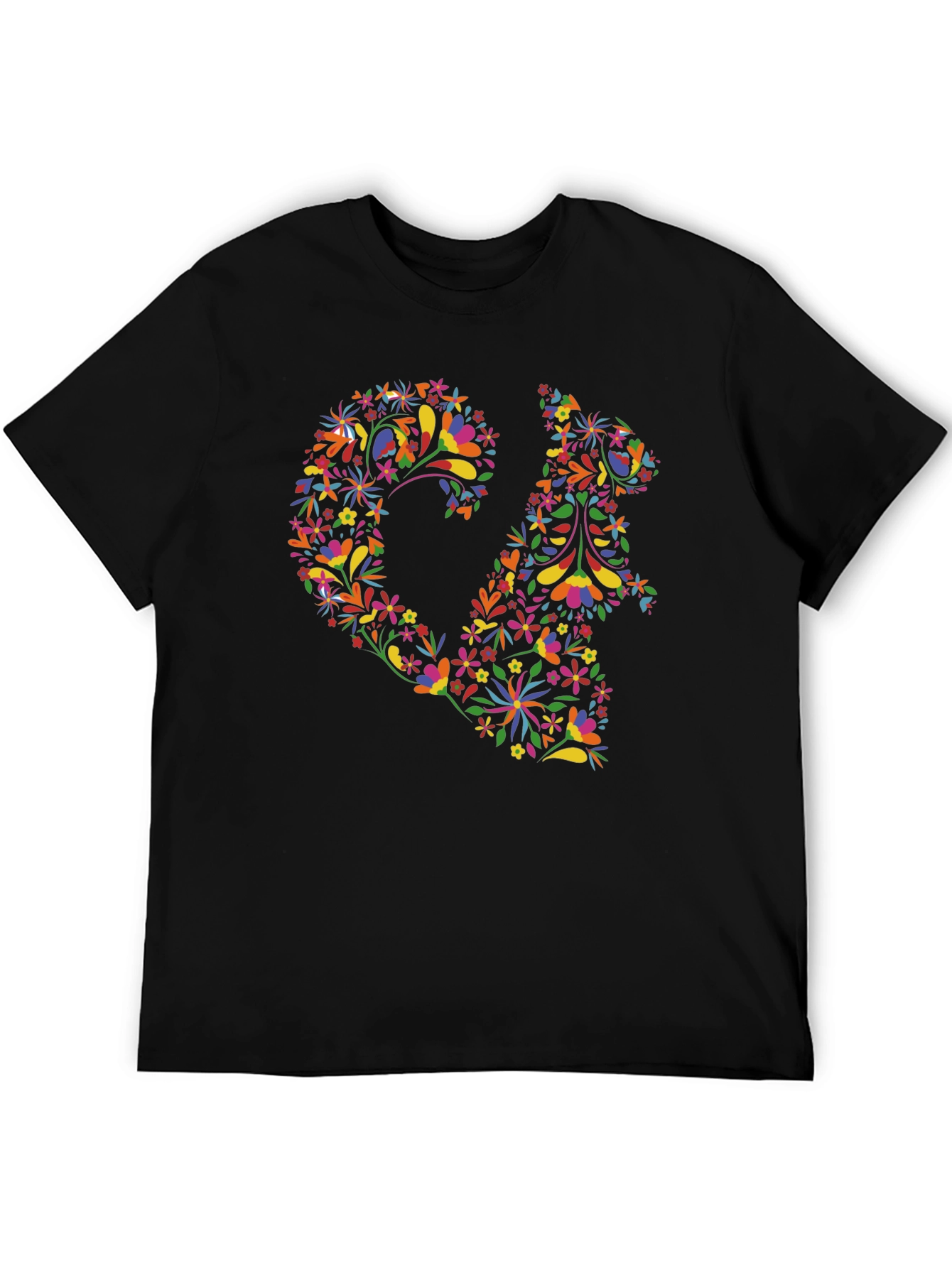 Floral Squirrel Print Black T-Shirt