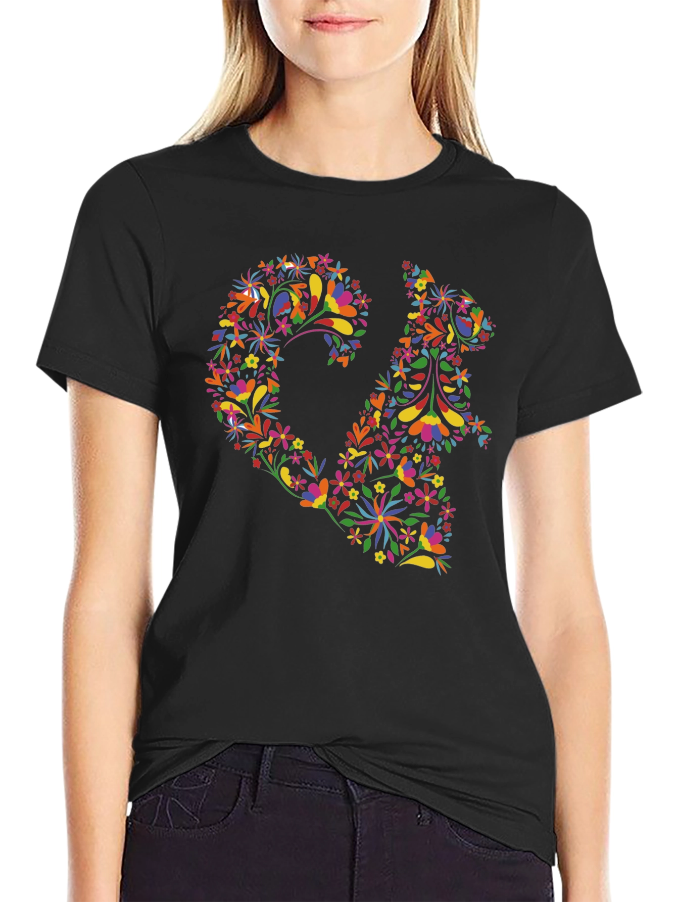 Floral Squirrel Print Black T-Shirt