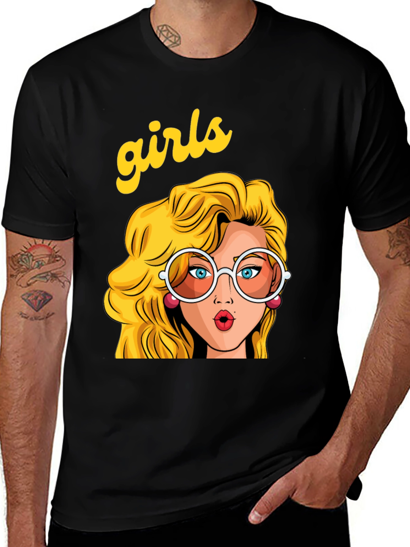 Retro Girls Graphic Print Black T-Shirt