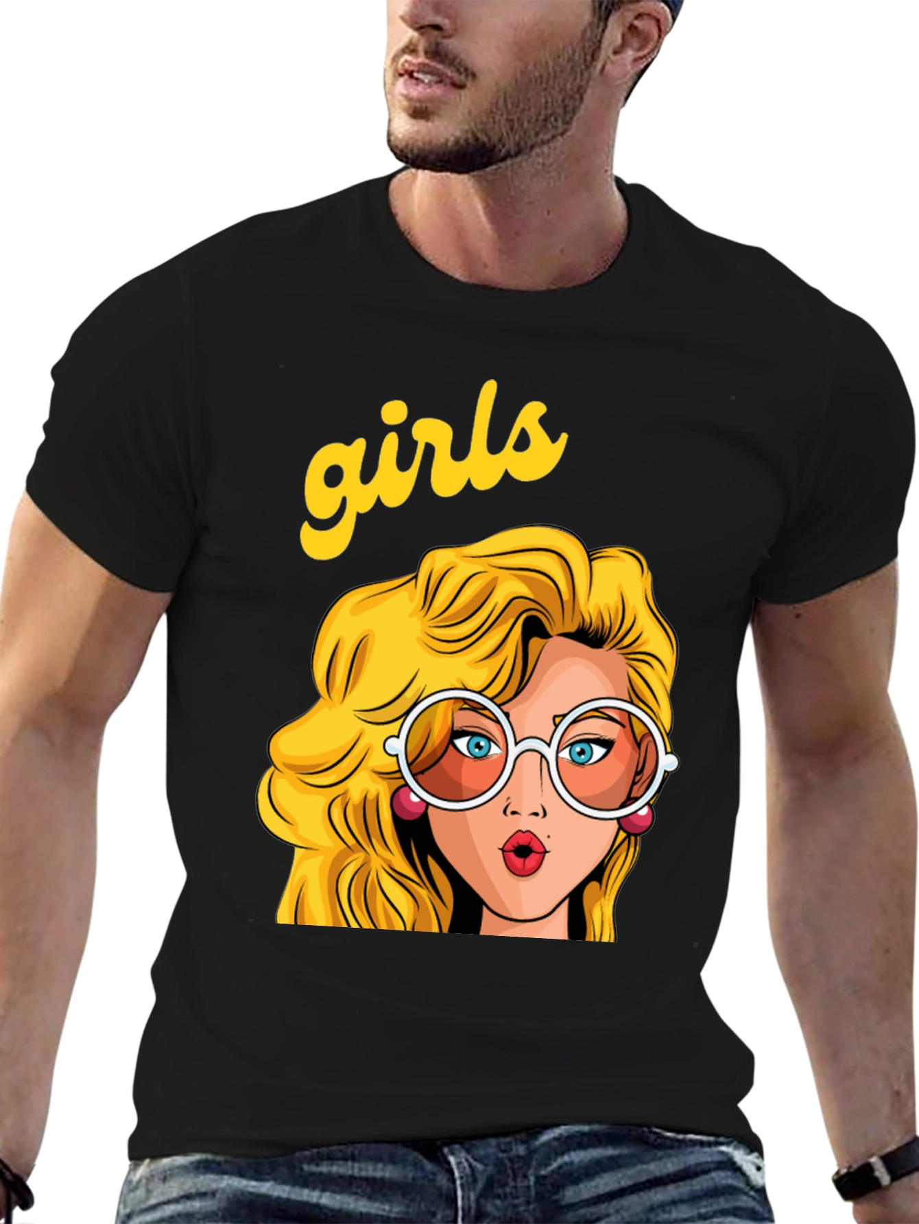 Retro Girls Graphic Print Black T-Shirt