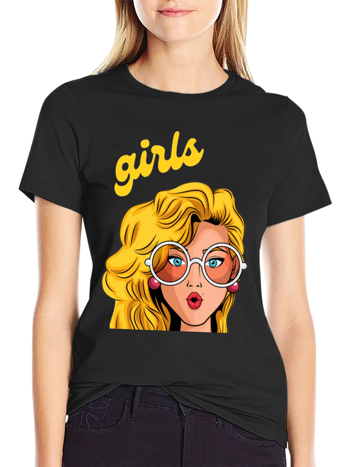 Retro Girls Graphic Print Black T-Shirt