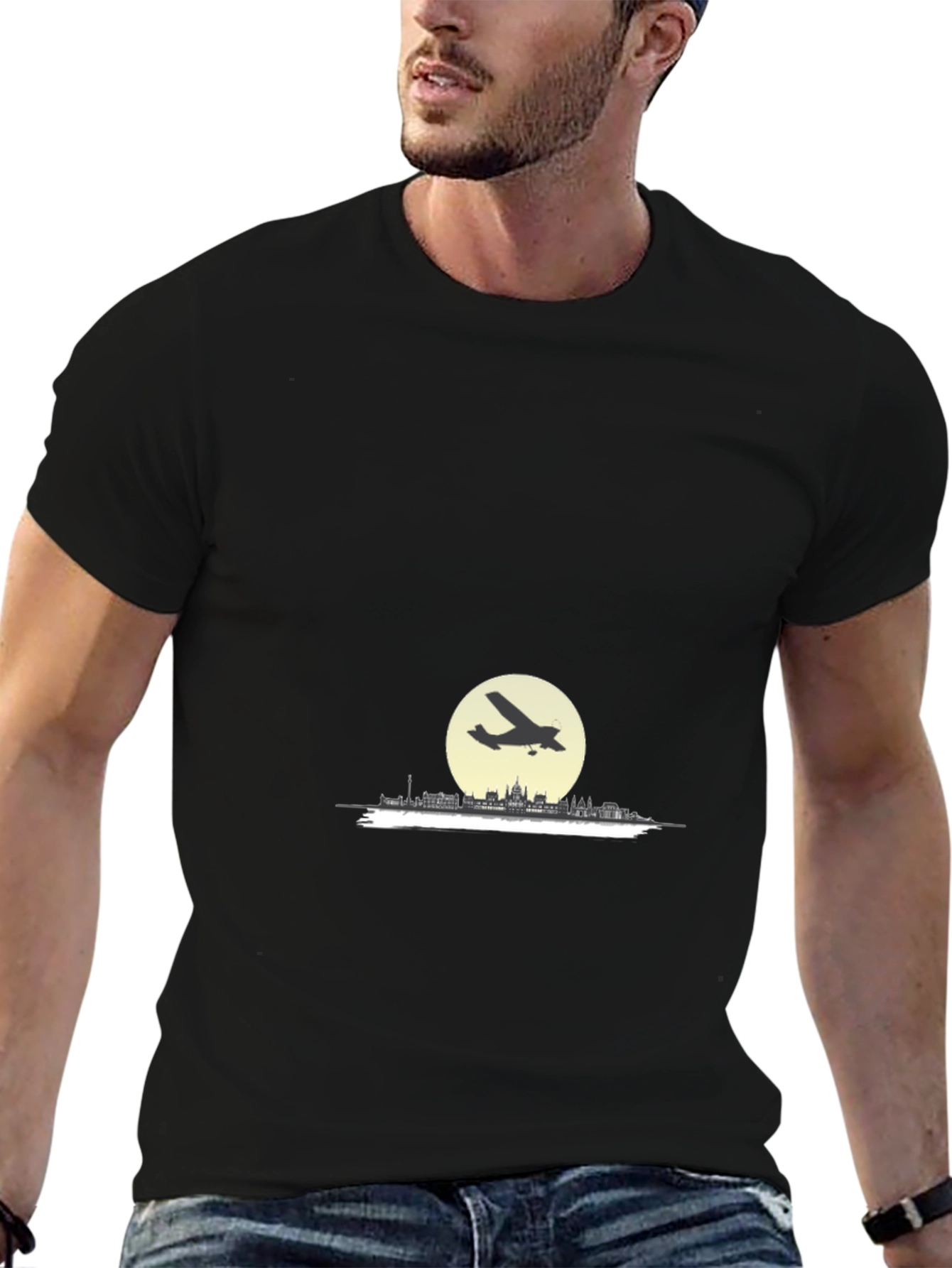 Airplane Over Cityscape Graphic T-Shirt