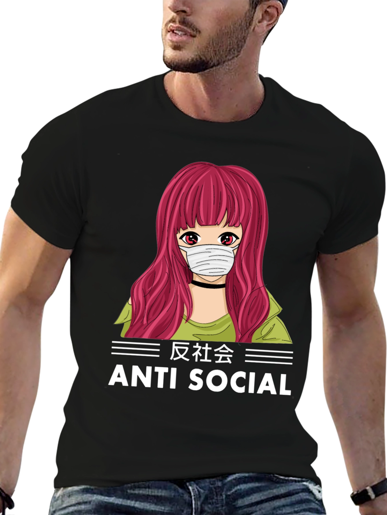 Anti Social Anime Girl T-Shirt Black Cotton