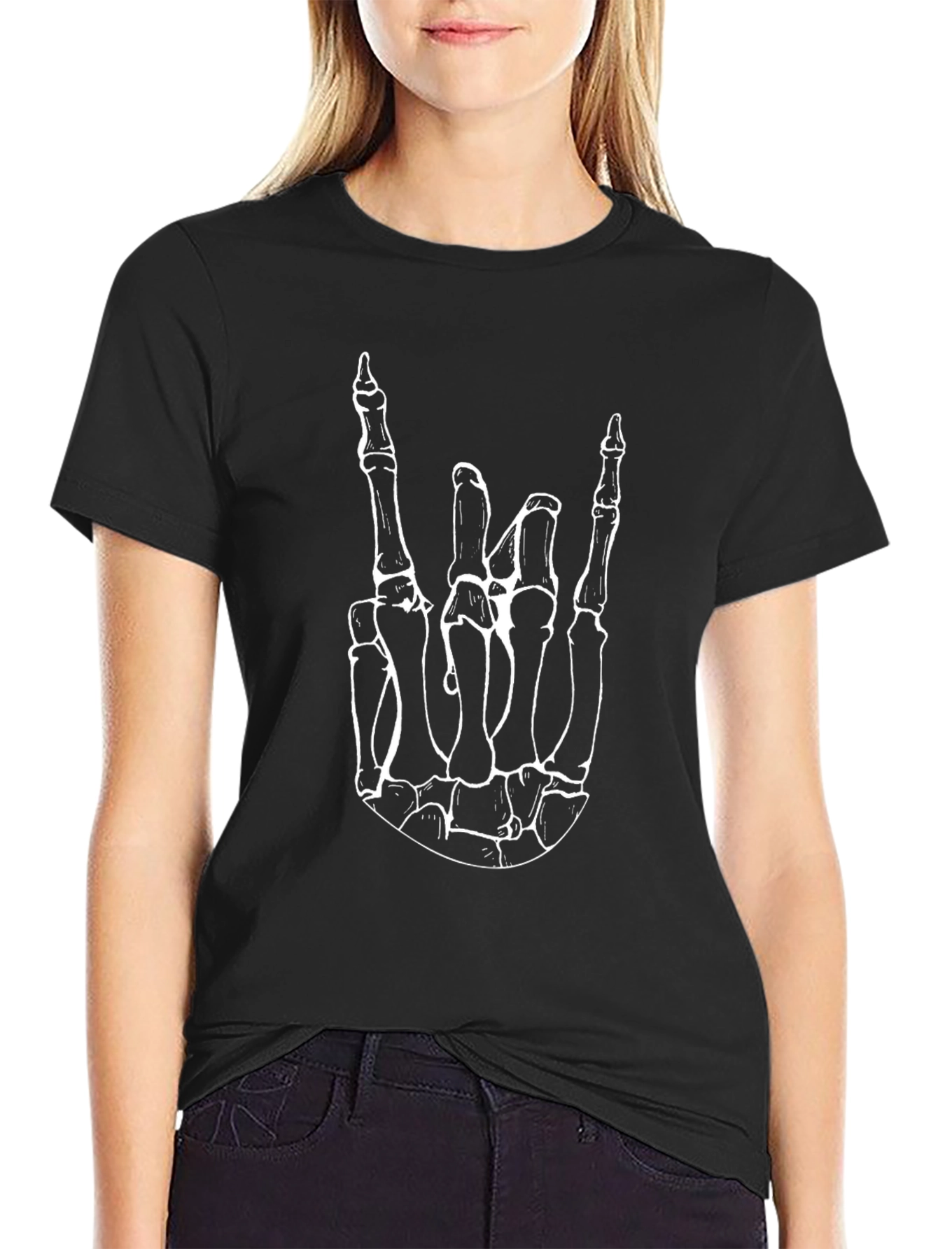Skeleton Hand Rock On T-Shirt - Black Cotton Tee