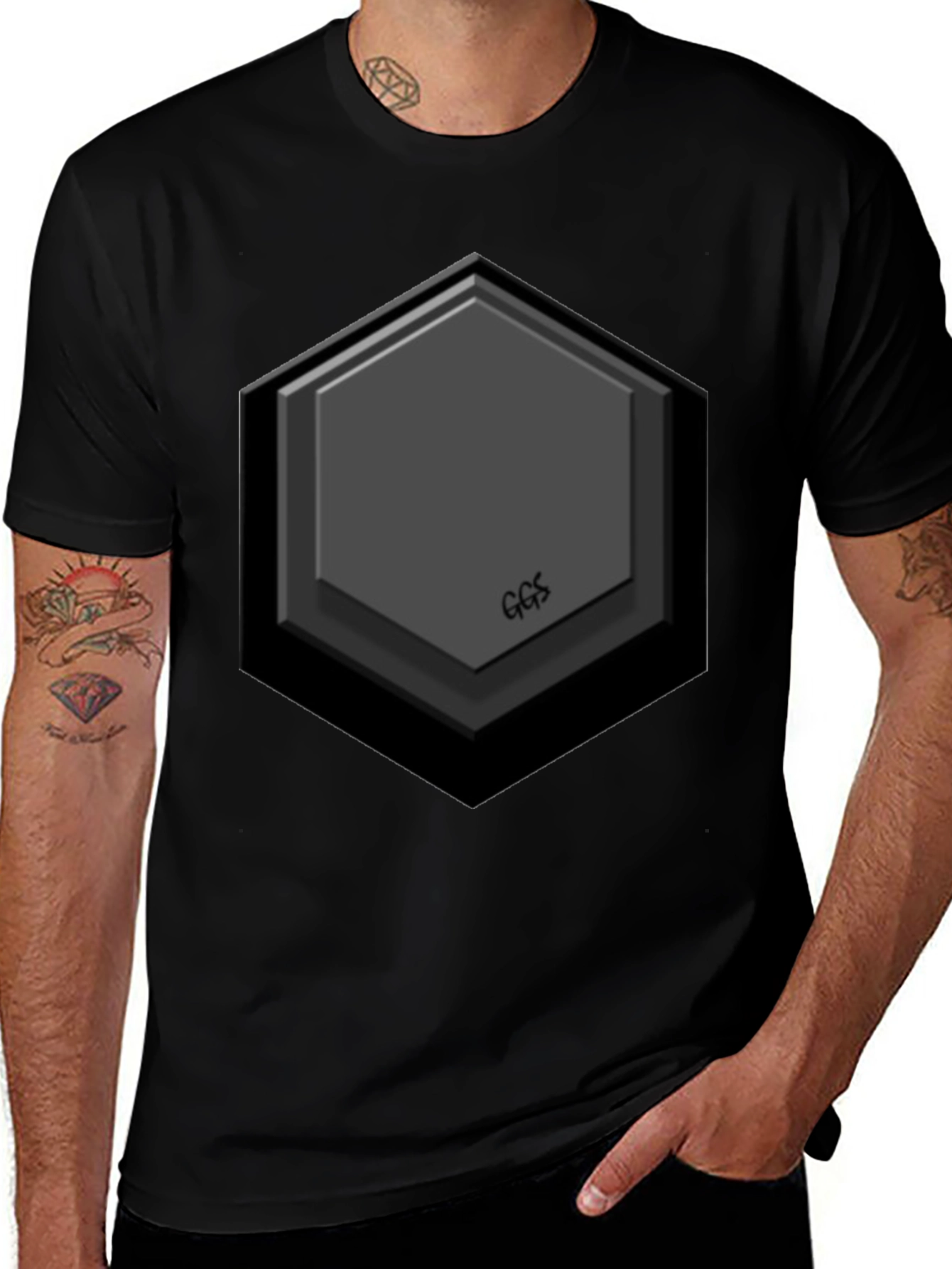 Hexagon Embossed Black T-Shirt - Modern Geometric Design