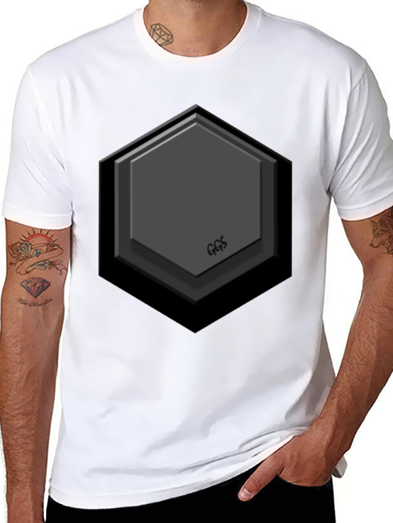 Hexagon Embossed Black T-Shirt - Modern Geometric Design