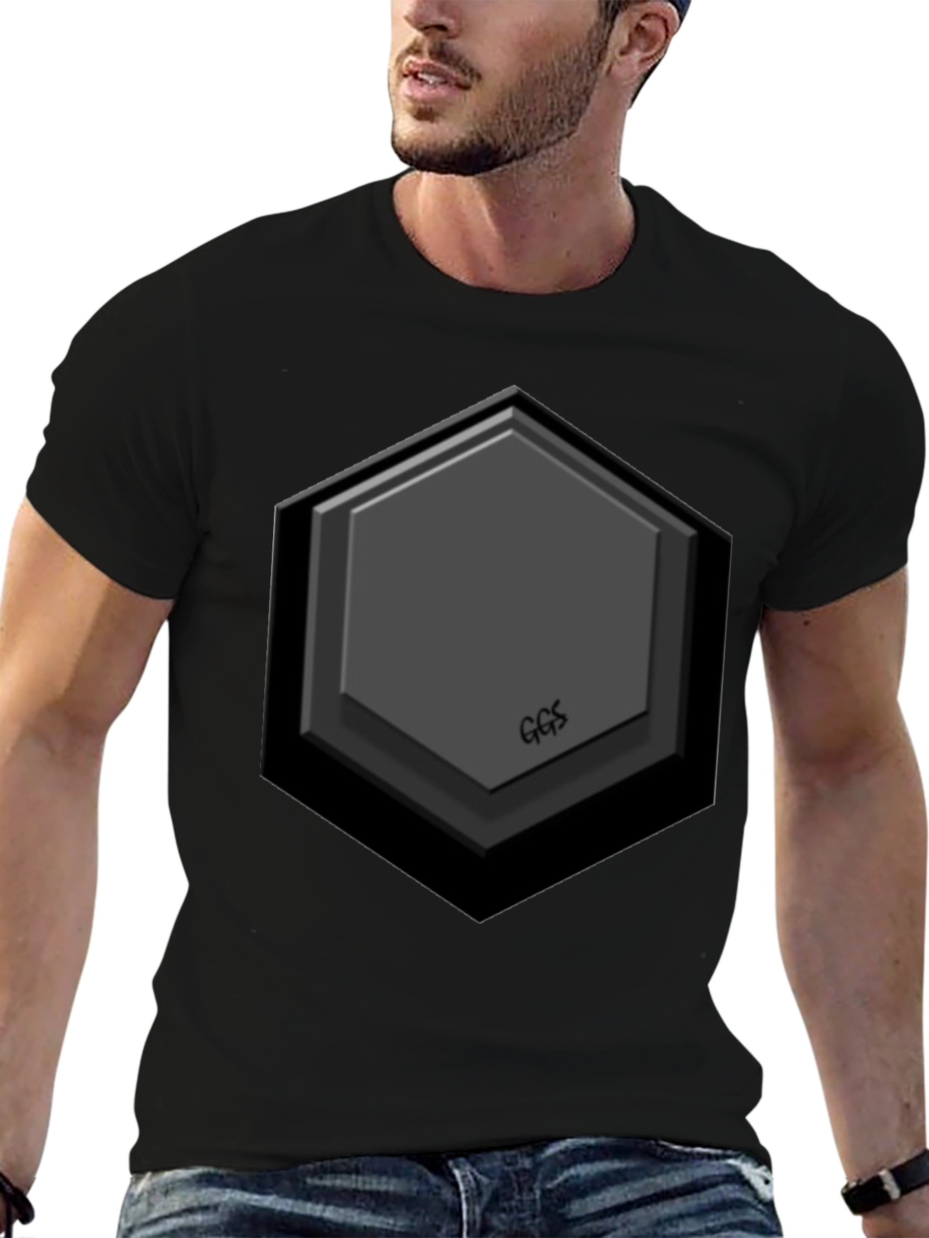 Hexagon Embossed Black T-Shirt - Modern Geometric Design