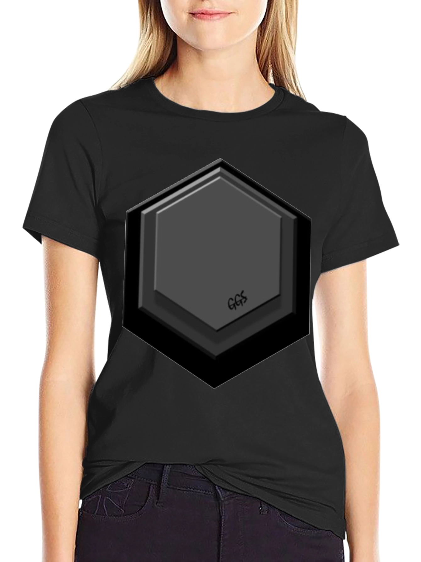 Hexagon Embossed Black T-Shirt - Modern Geometric Design
