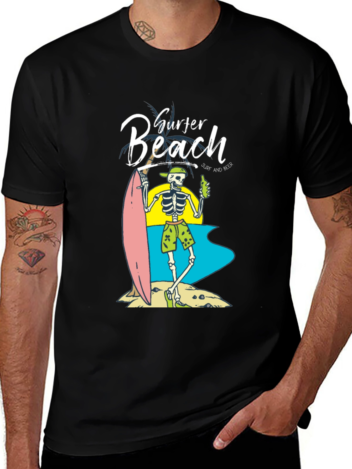 Surfer Beach Skeleton Graphic T-Shirt