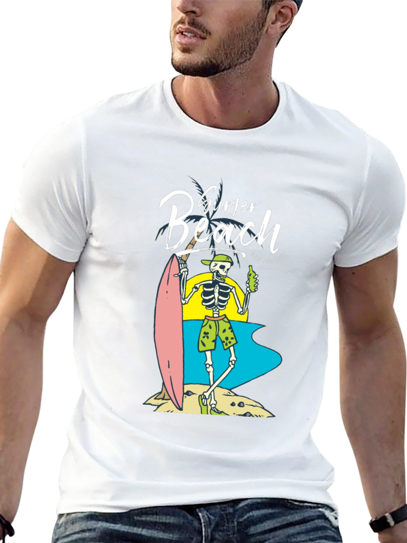 Surfer Beach Skeleton Graphic T-Shirt