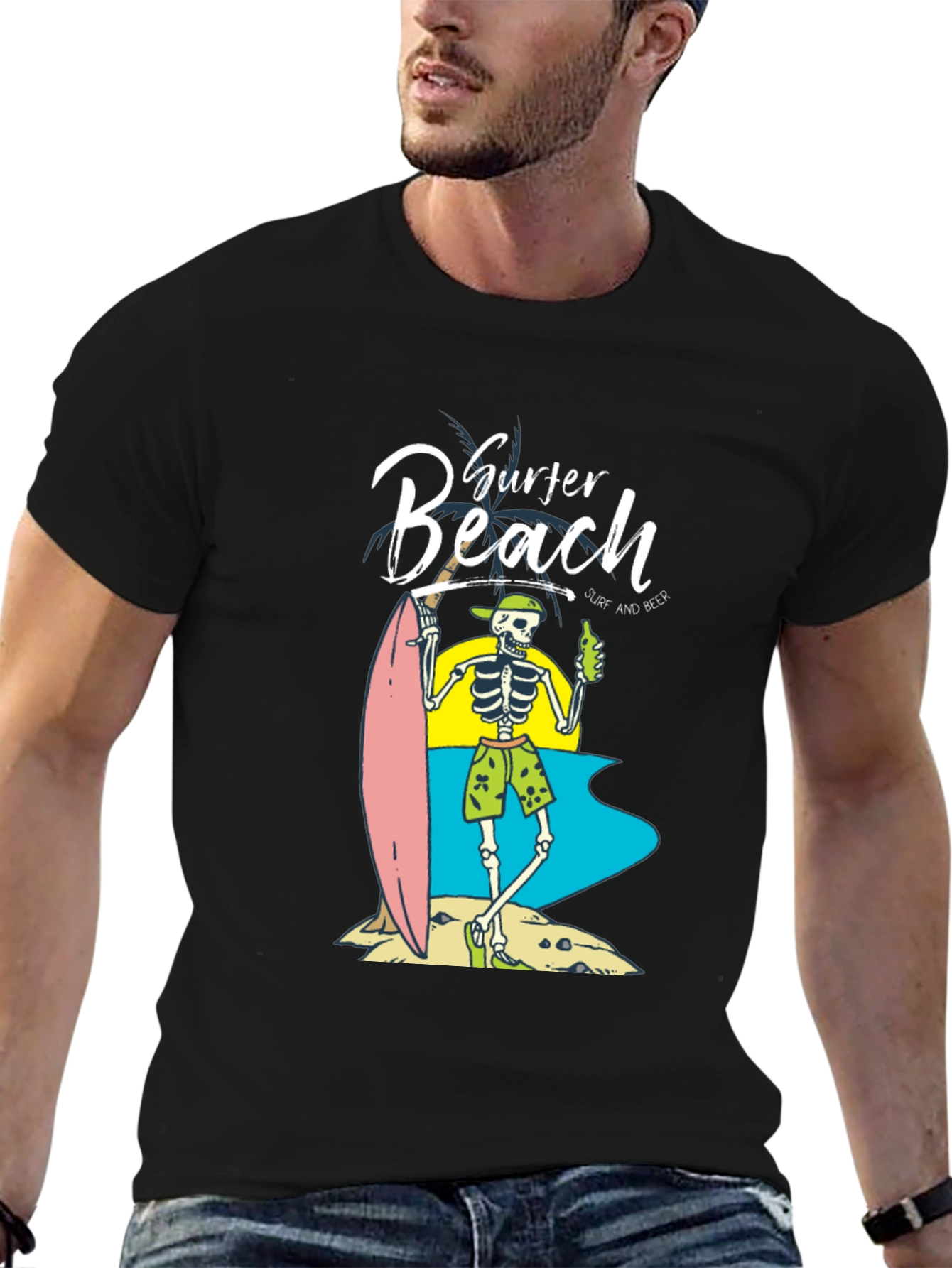 Surfer Beach Skeleton Graphic T-Shirt