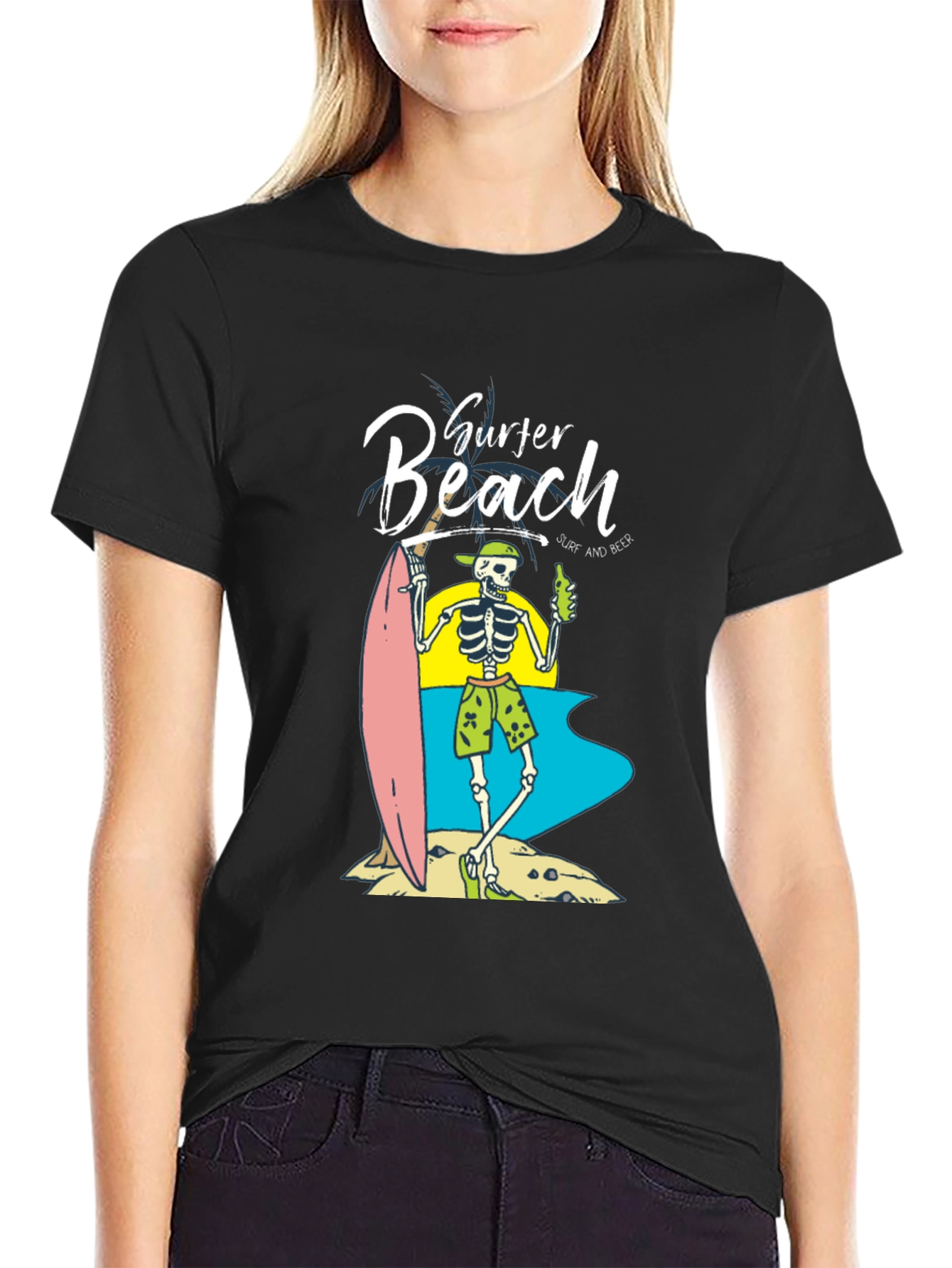 Surfer Beach Skeleton Graphic T-Shirt
