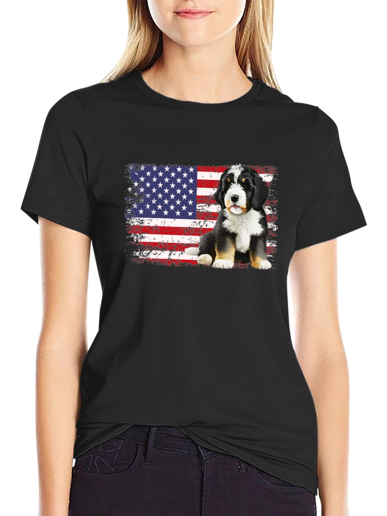Bernese Mountain Dog American Flag T-Shirt