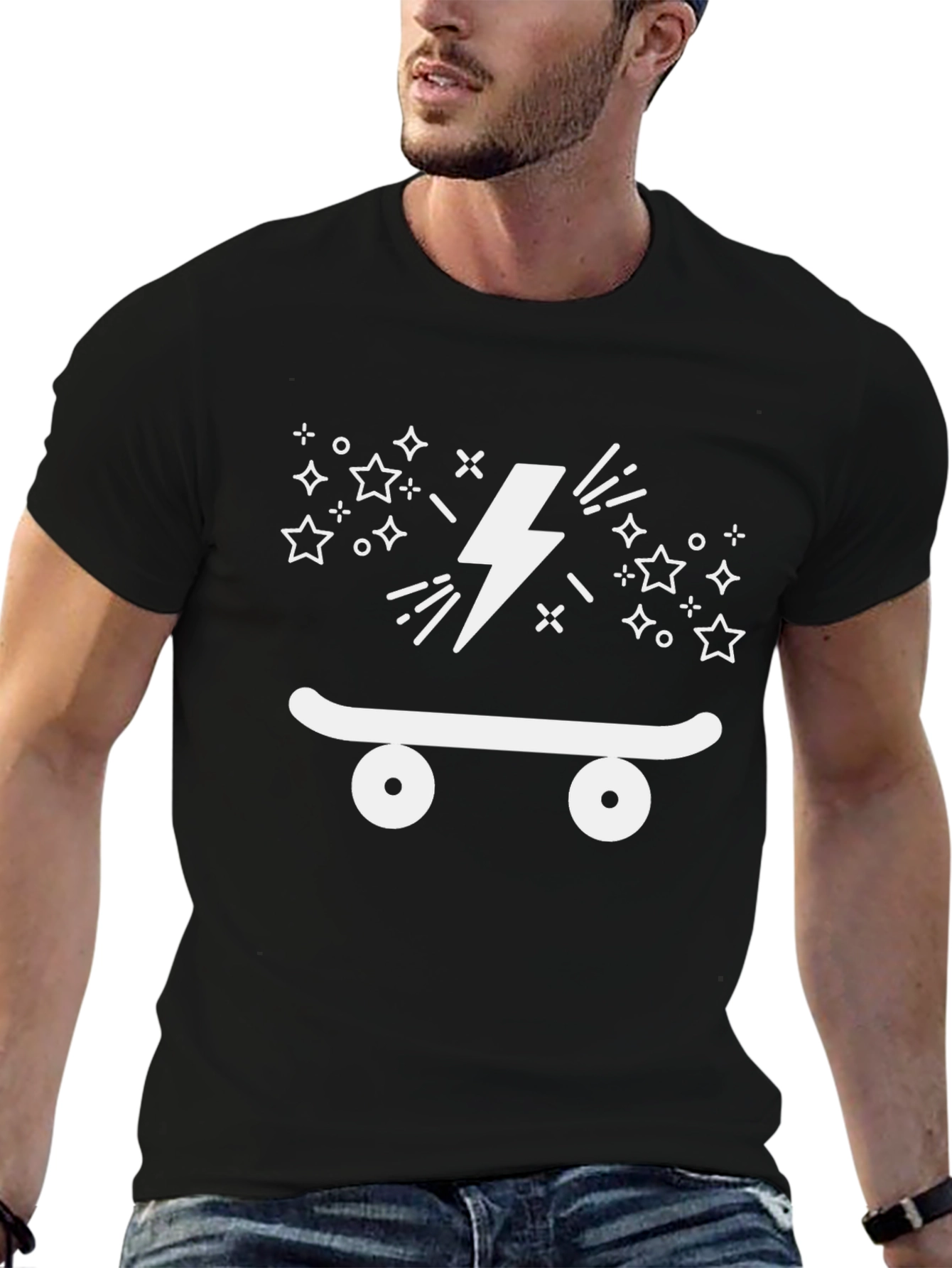 Skateboarding Lightning Bolt Graphic Tee - Cool Black T-Shirt