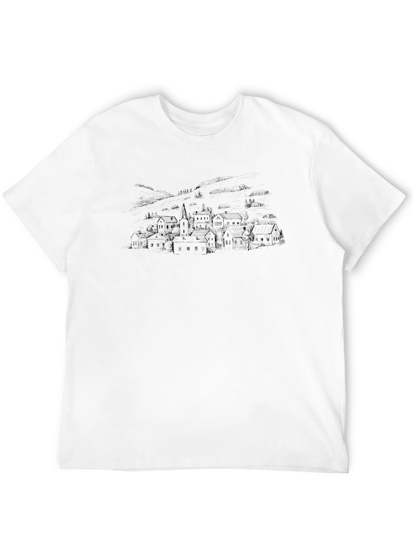 Village Sketch Tee - Classic Black Cotton