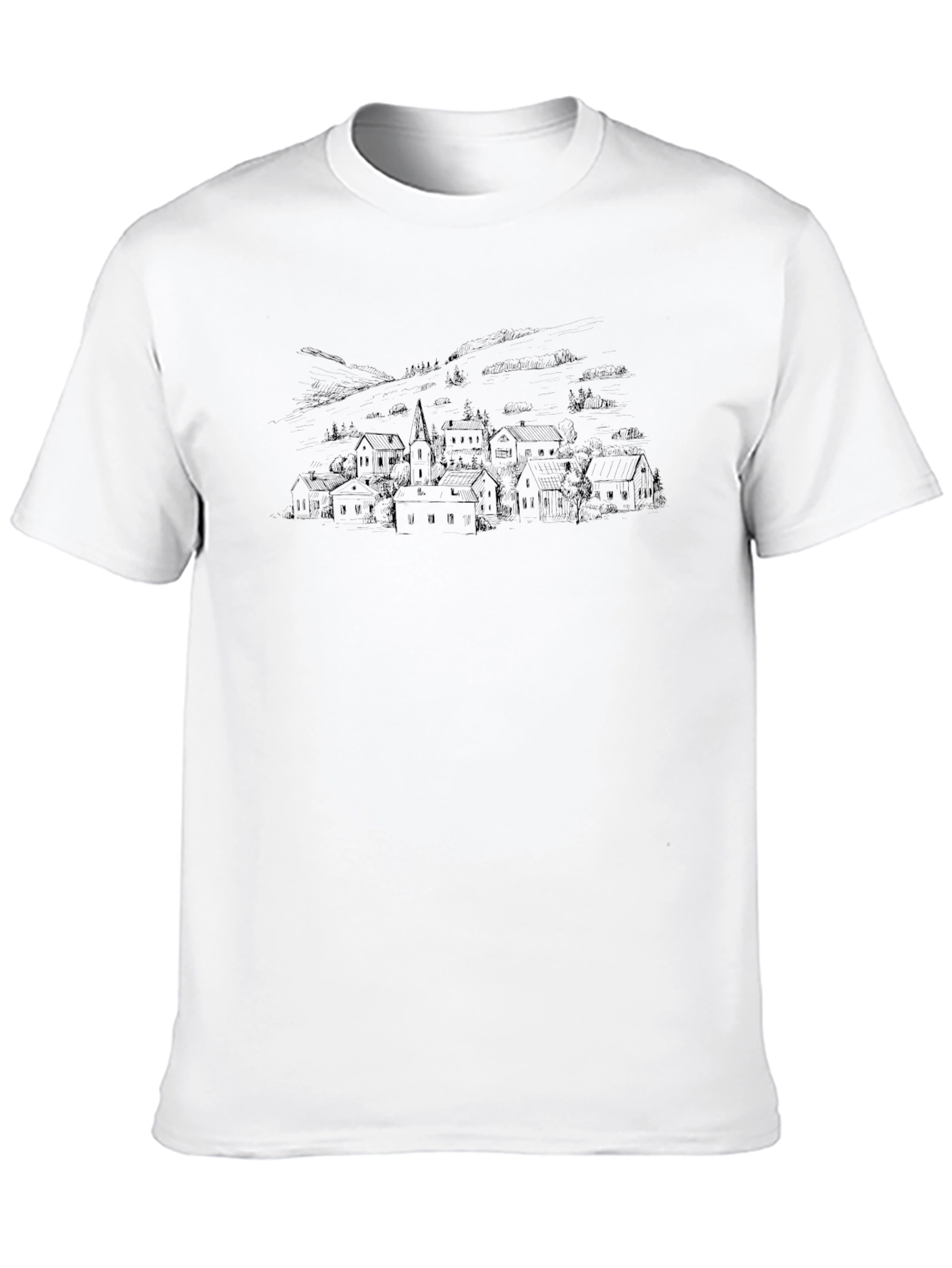 Village Sketch Tee - Classic Black Cotton