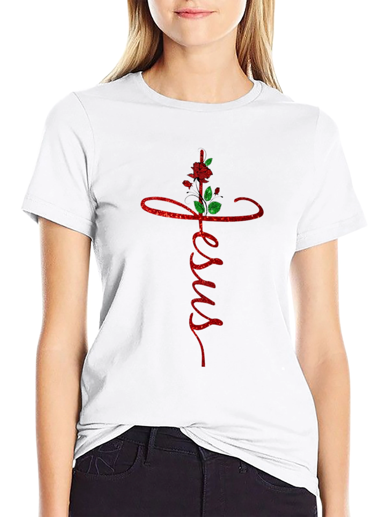 Jesus Cross Rose Graphic Tee - Black