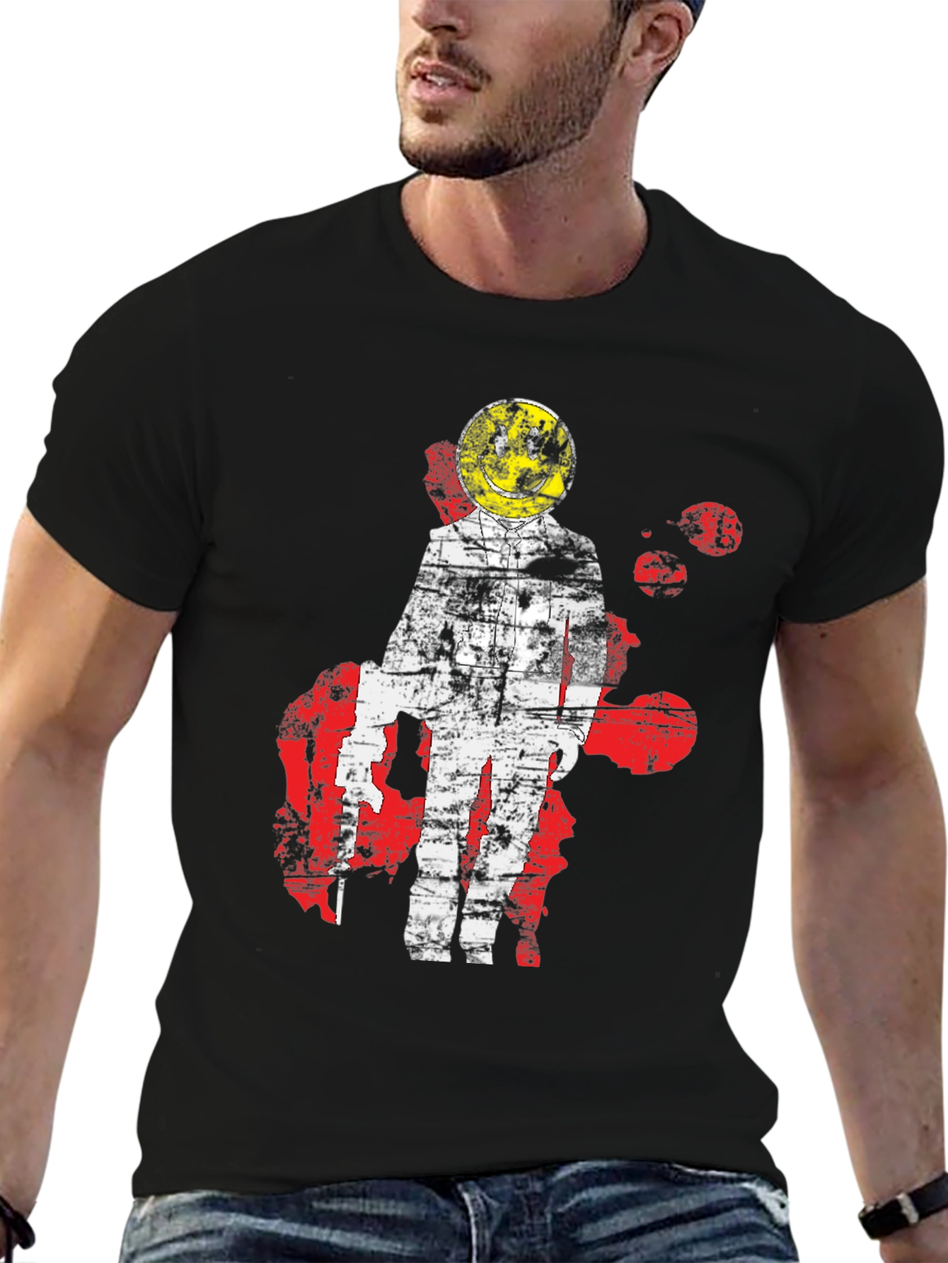 Distressed Astronaut Smiley Graphic T-Shirt