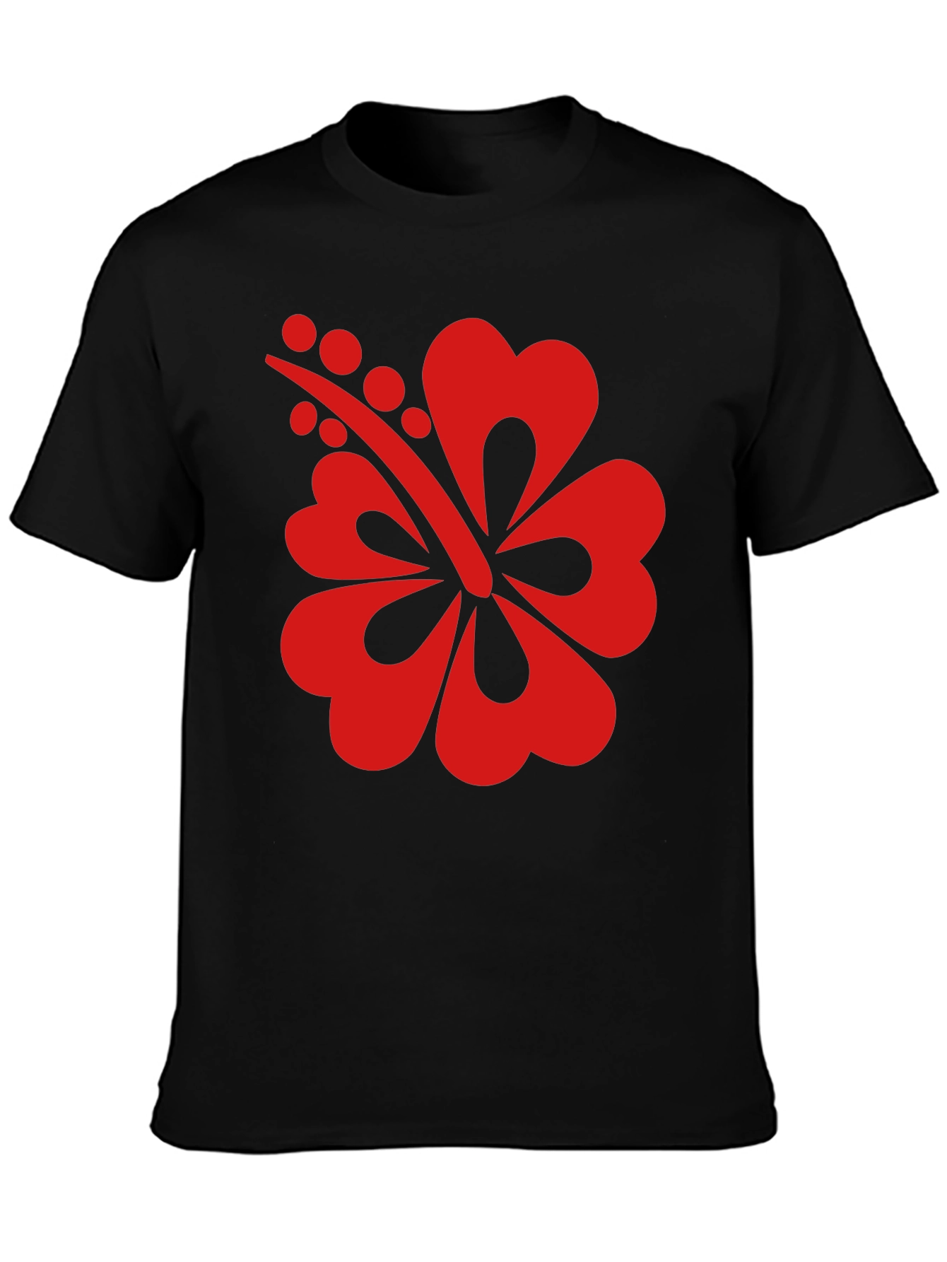 Black T-Shirt with Red Hibiscus Flower Graphic
