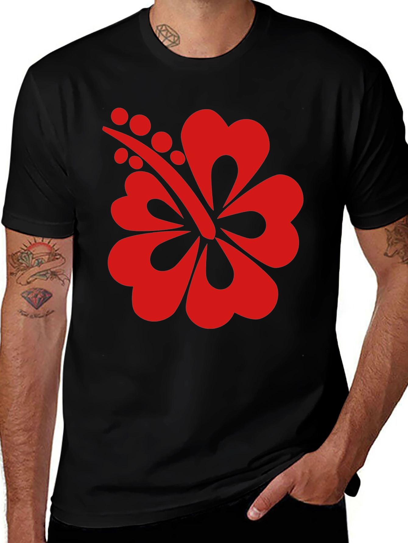 Black T-Shirt with Red Hibiscus Flower Graphic