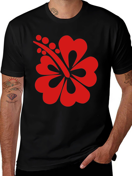 Black T-Shirt with Red Hibiscus Flower Graphic