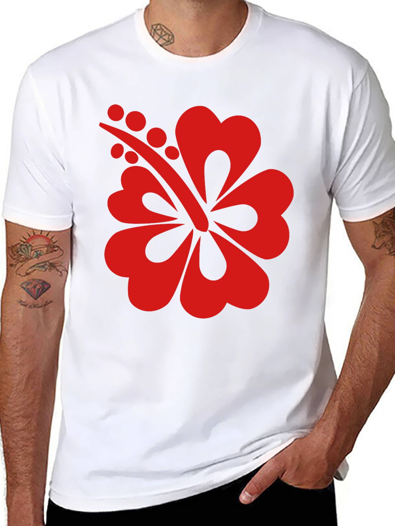Black T-Shirt with Red Hibiscus Flower Graphic