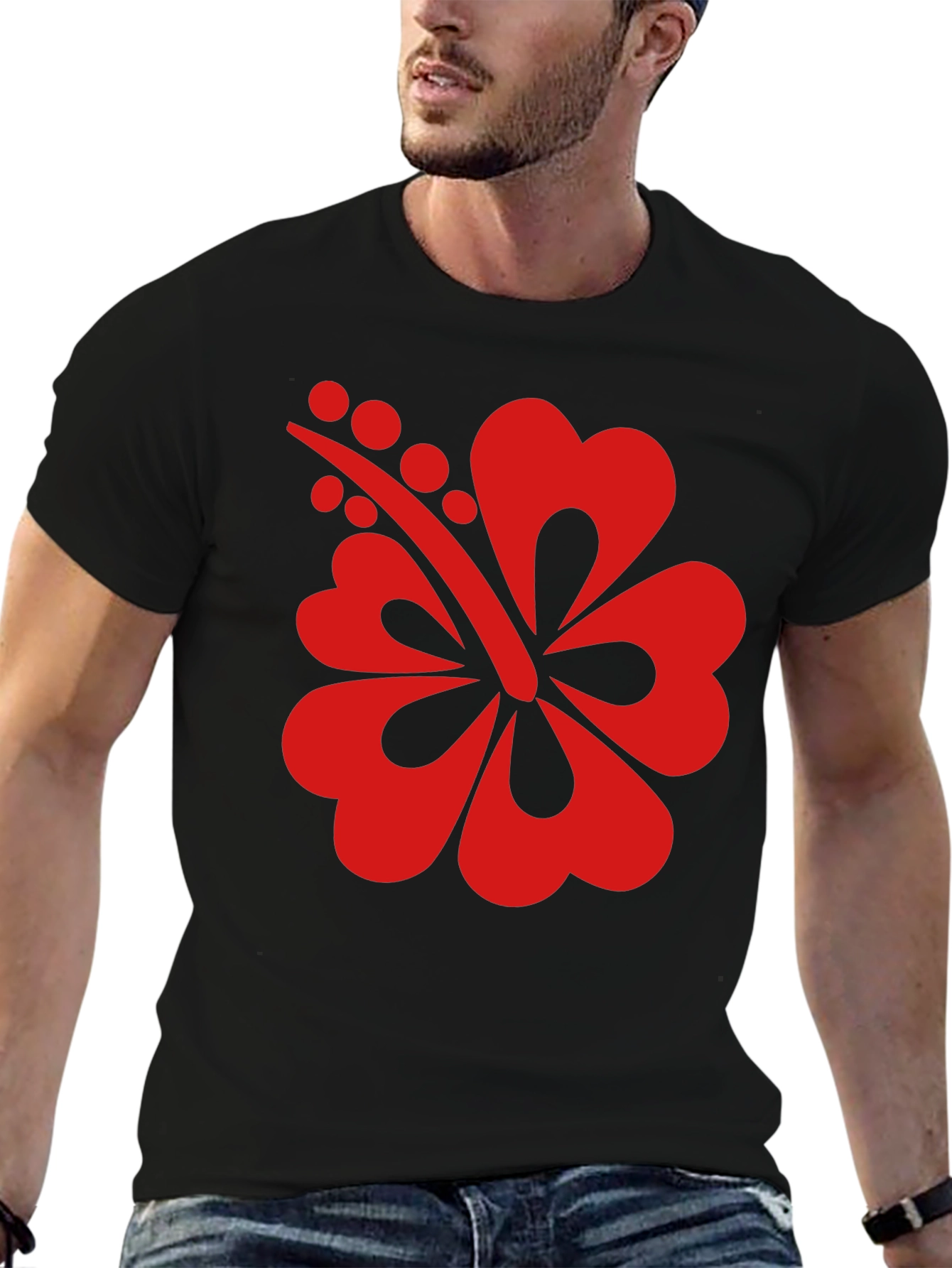 Black T-Shirt with Red Hibiscus Flower Graphic