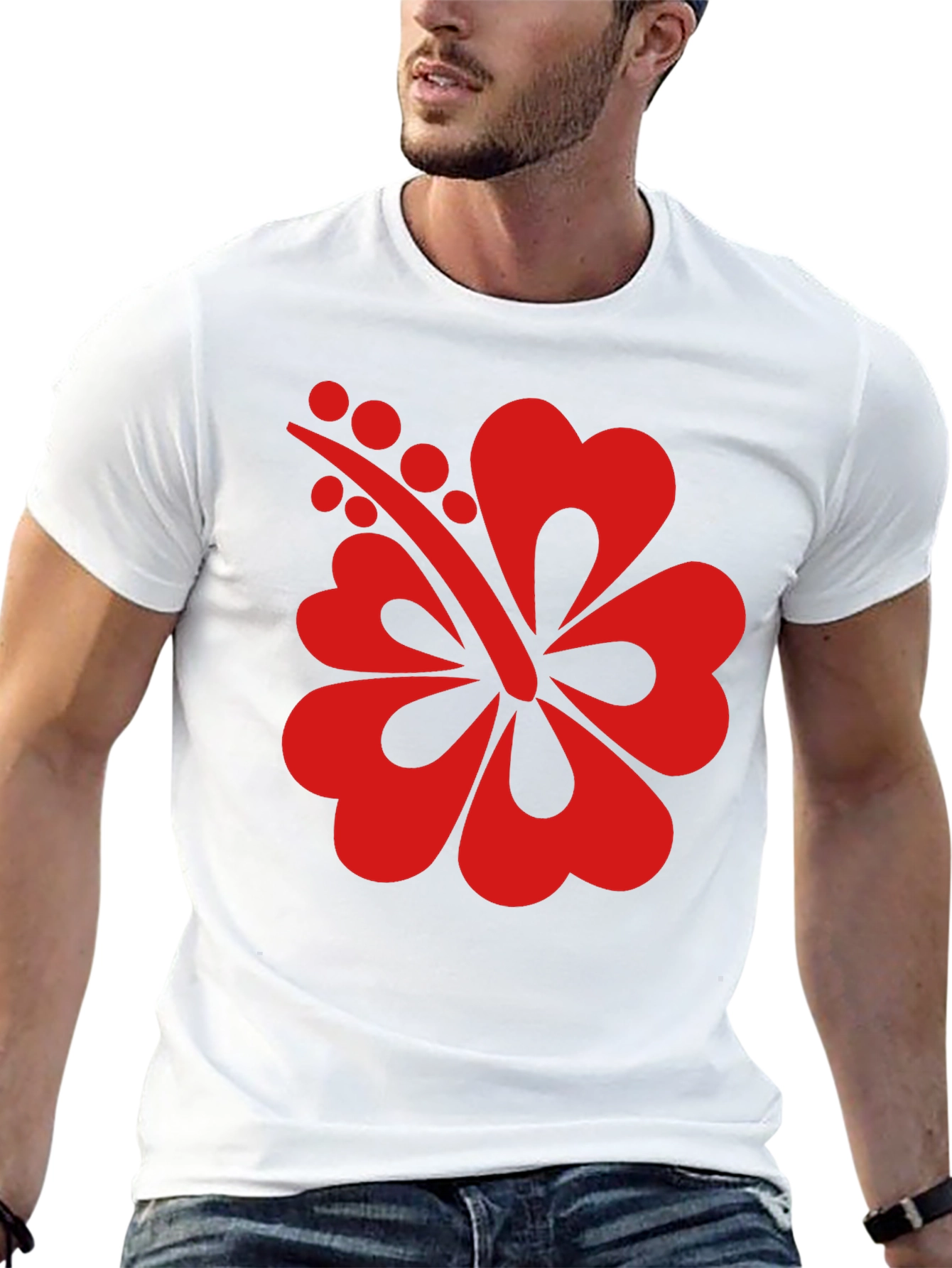 Black T-Shirt with Red Hibiscus Flower Graphic