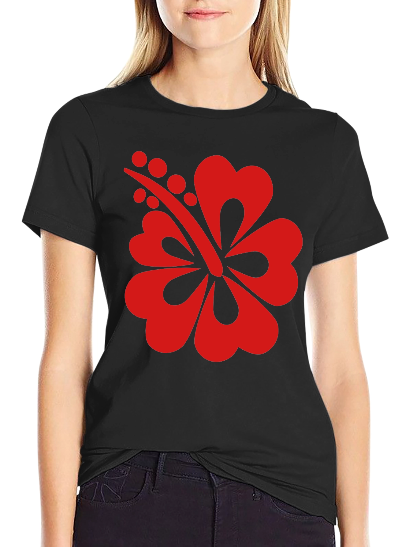 Black T-Shirt with Red Hibiscus Flower Graphic