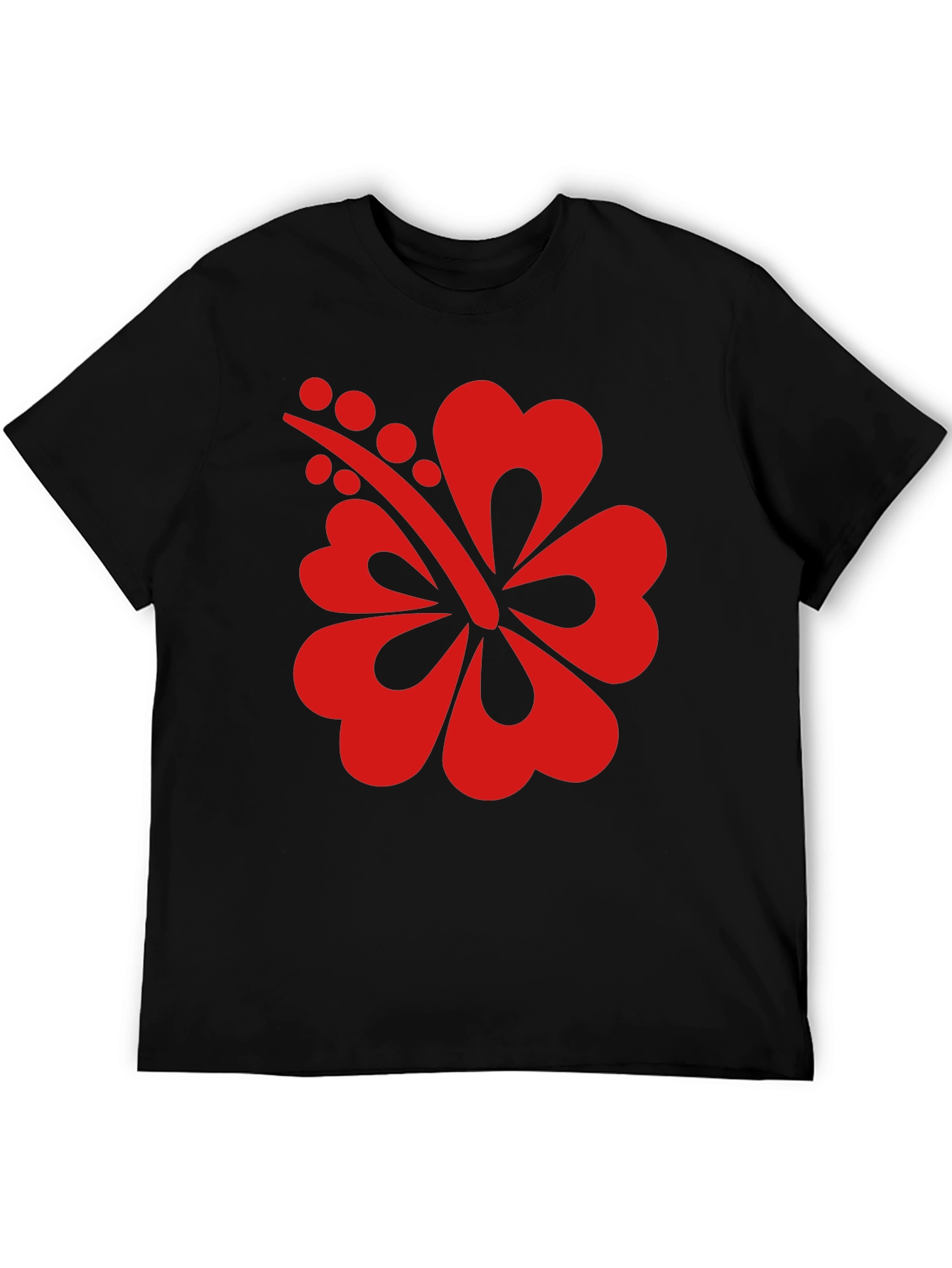 Black T-Shirt with Red Hibiscus Flower Graphic