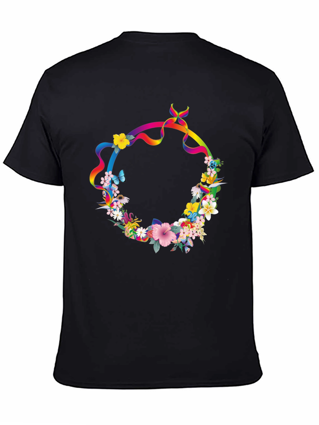 Floral Rainbow Ribbon Wreath Black T-Shirt
