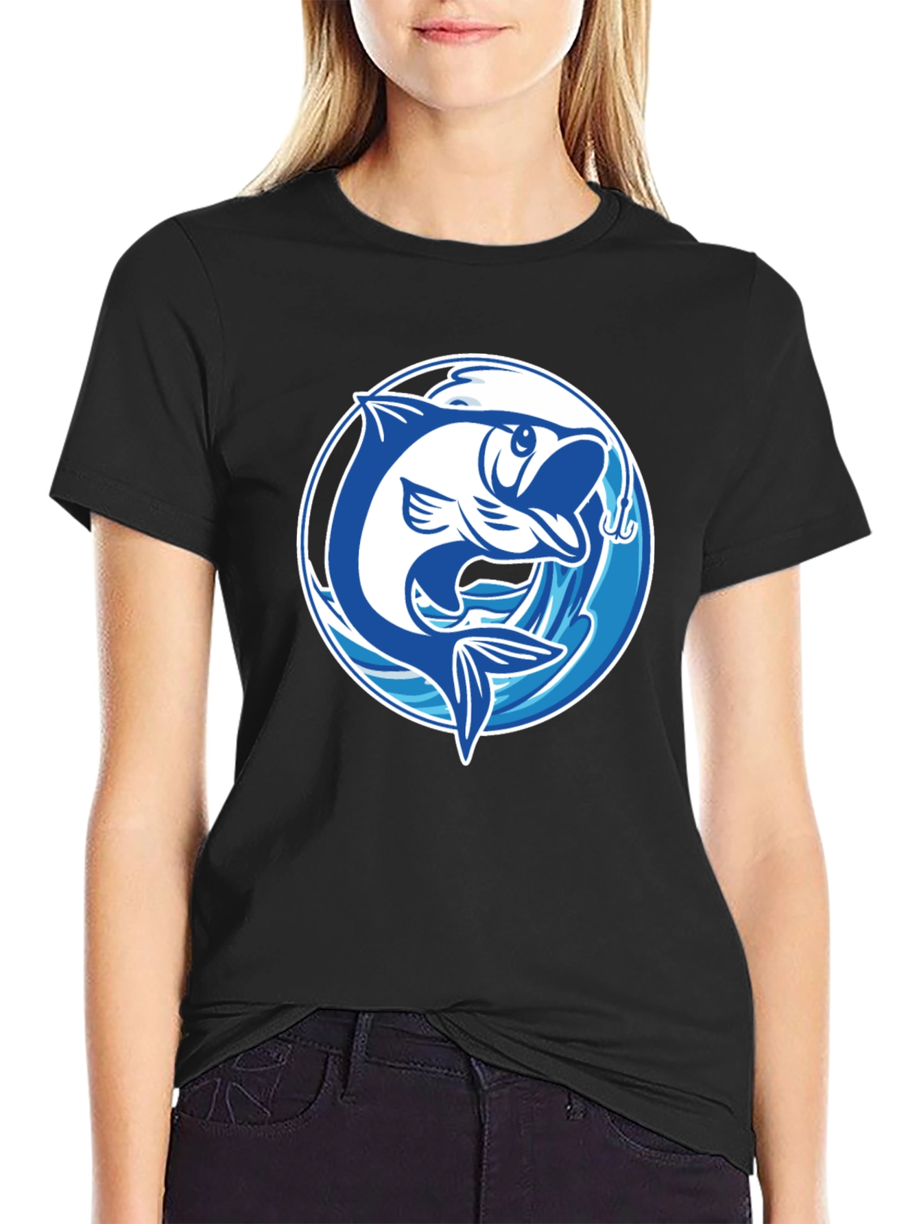 Black Fishing T-Shirt with Fish Graphic