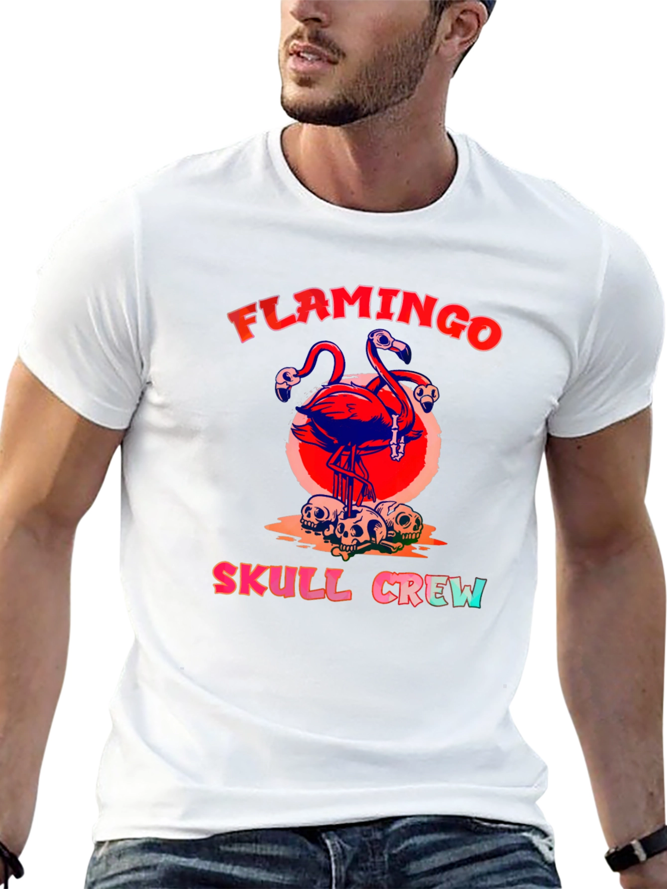 Flamingo Skull Crew Graphic Tee - Black