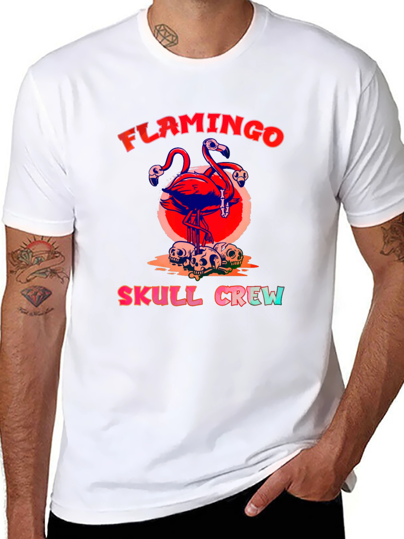 Flamingo Skull Crew Graphic Tee - Black