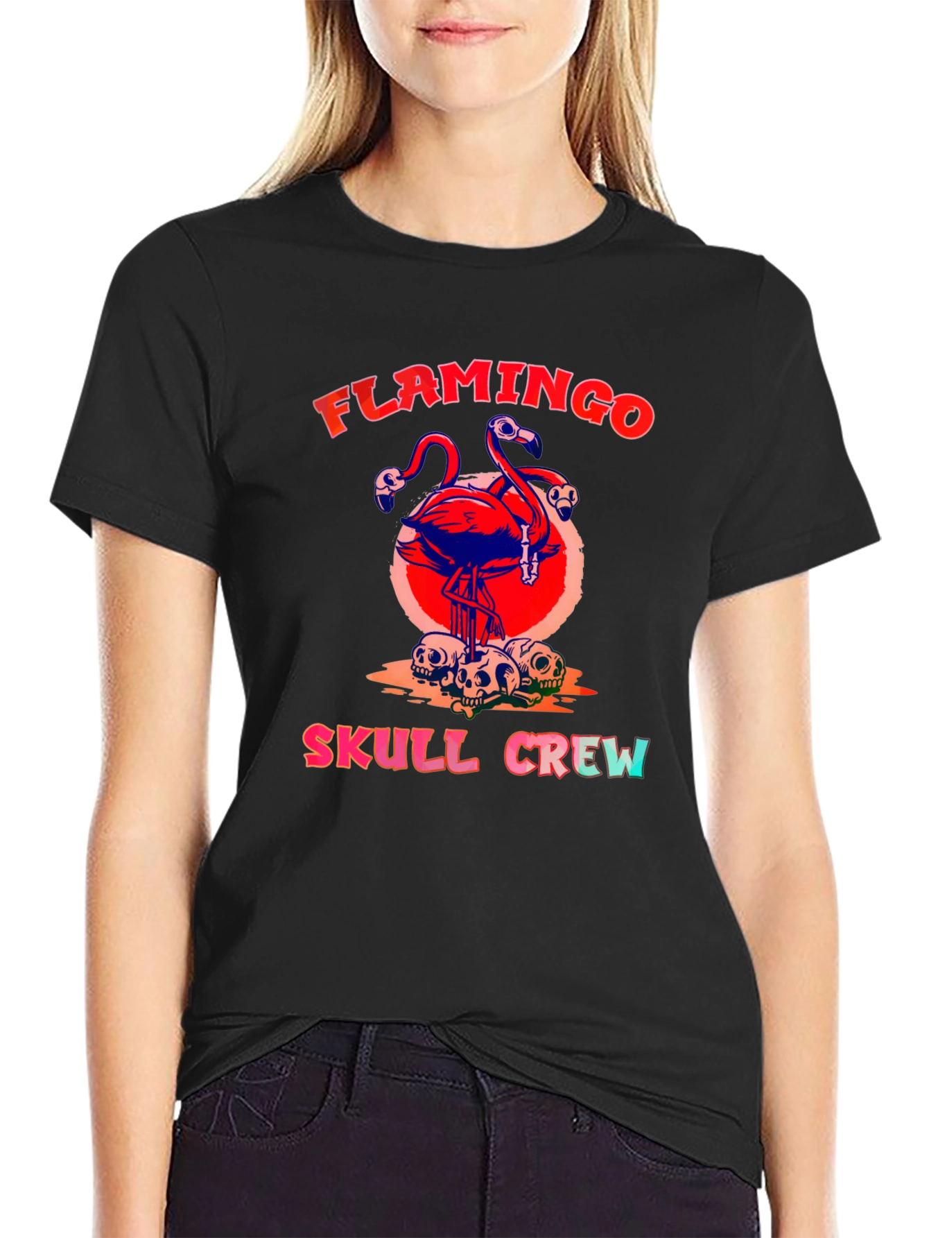Flamingo Skull Crew Graphic Tee - Black