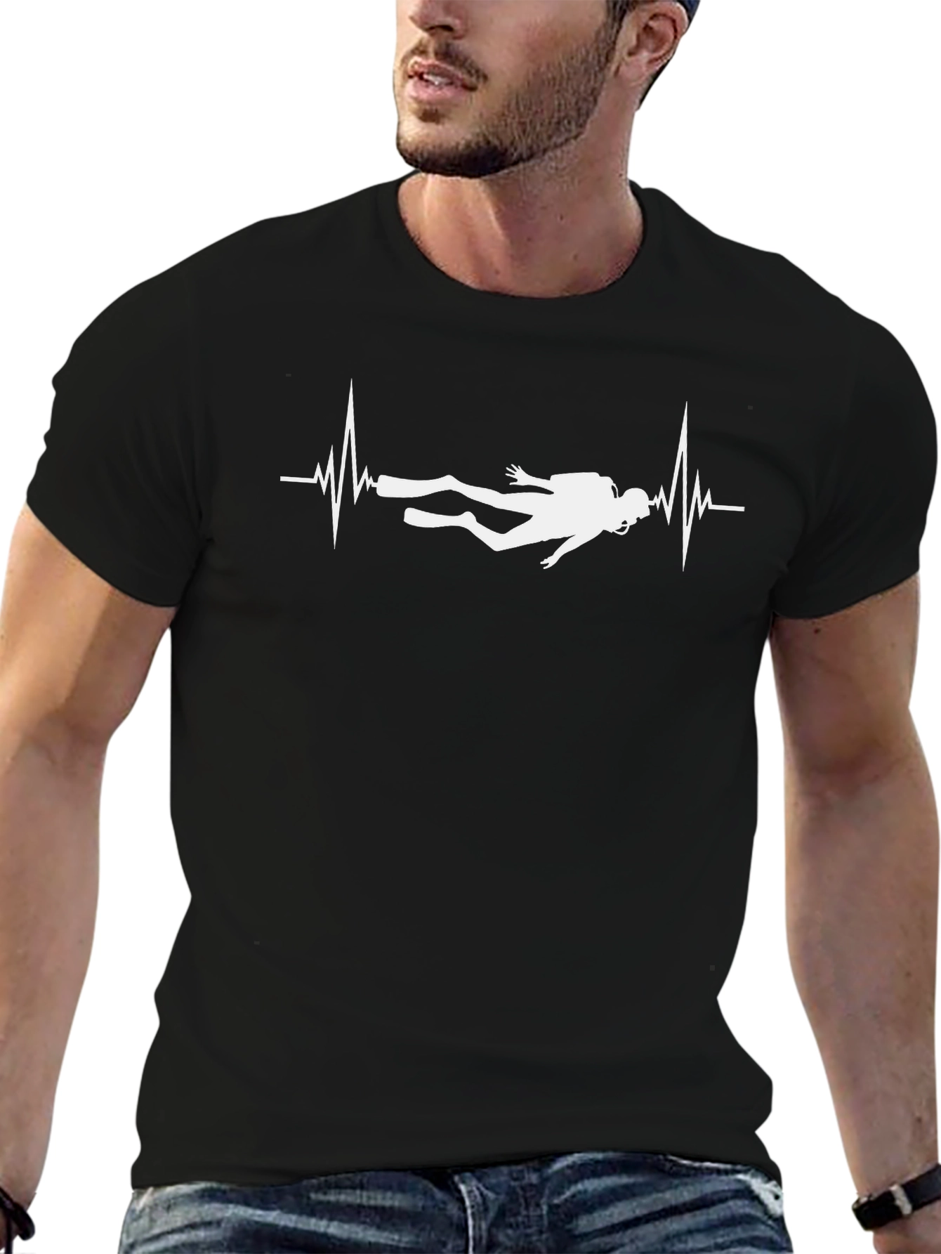 Scuba Diver Heartbeat Graphic Tee - Black Cotton T-Shirt