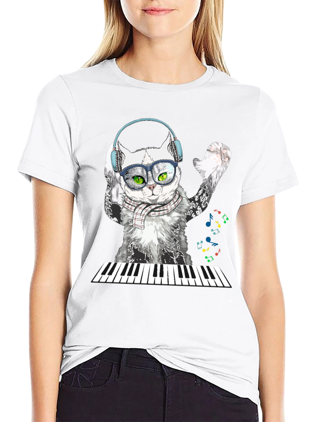 Cat Pianist Graphic Tee - Black Cotton T-Shirt