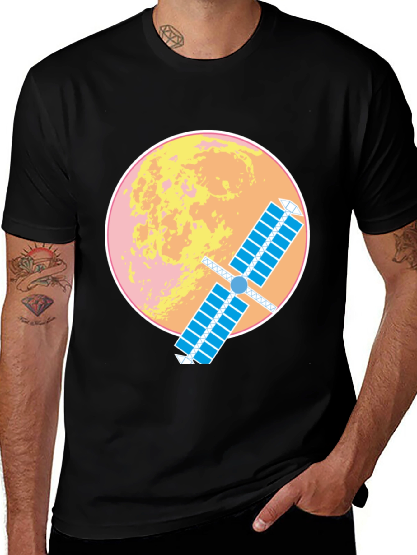 Space Satellite Graphic T-Shirt -  Black