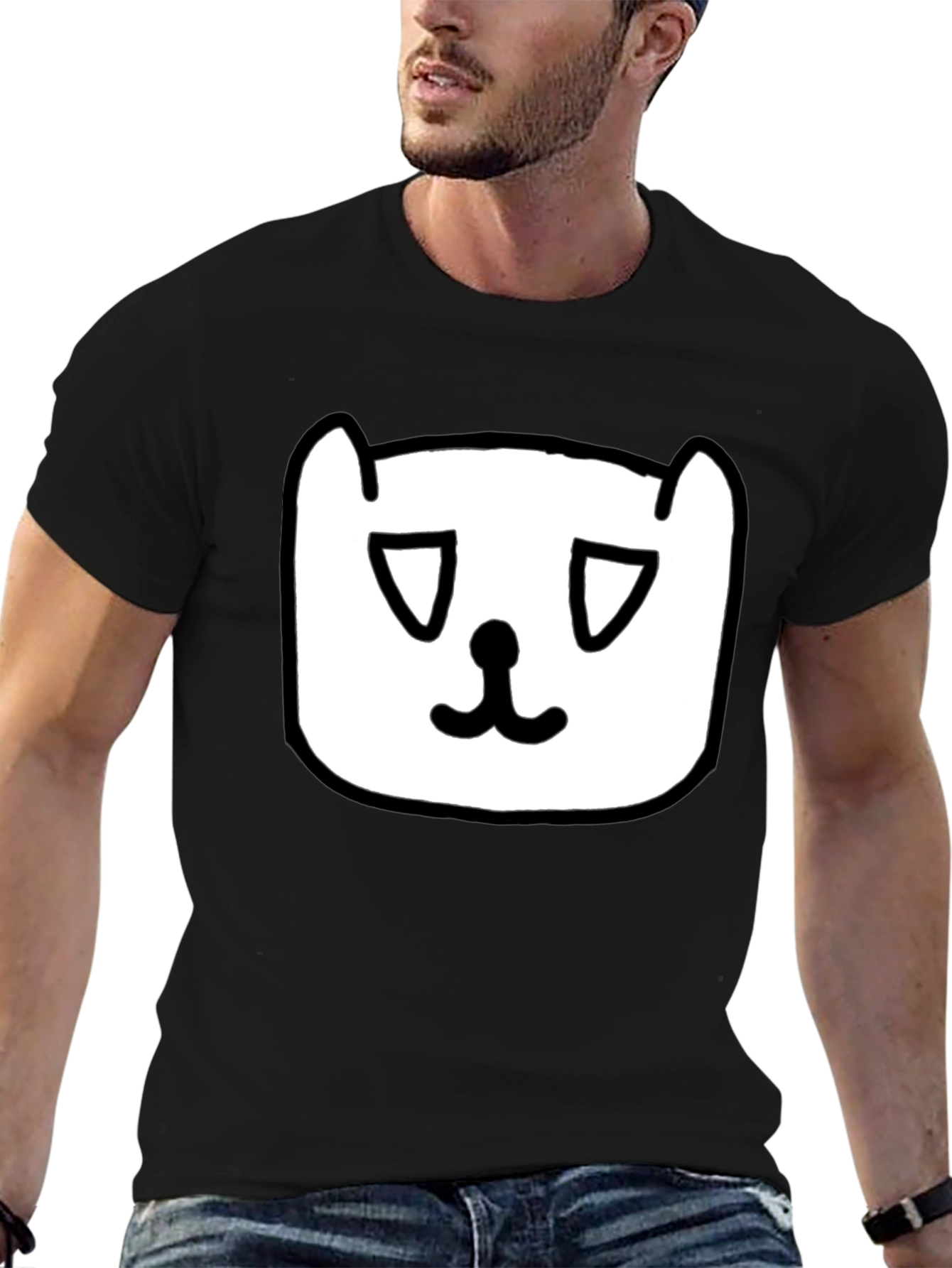 Sad Cat Face Graphic Black T-Shirt